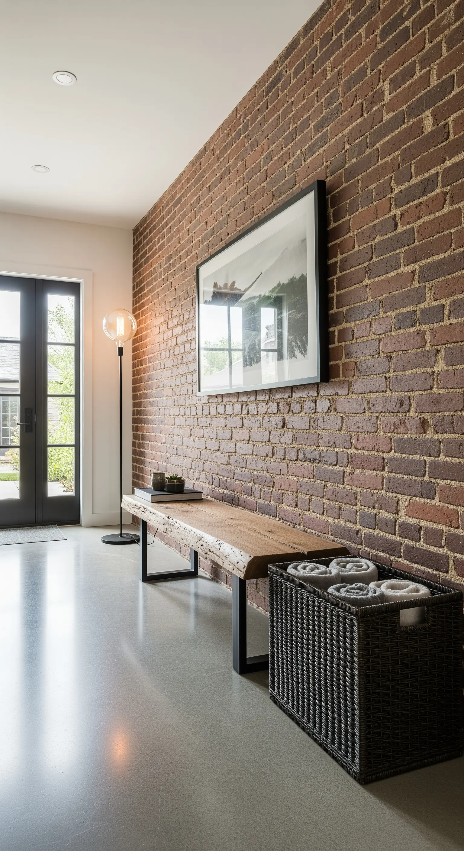 Panca in legno grezzo contro una parete di mattoni rossi in un ingresso moderno.