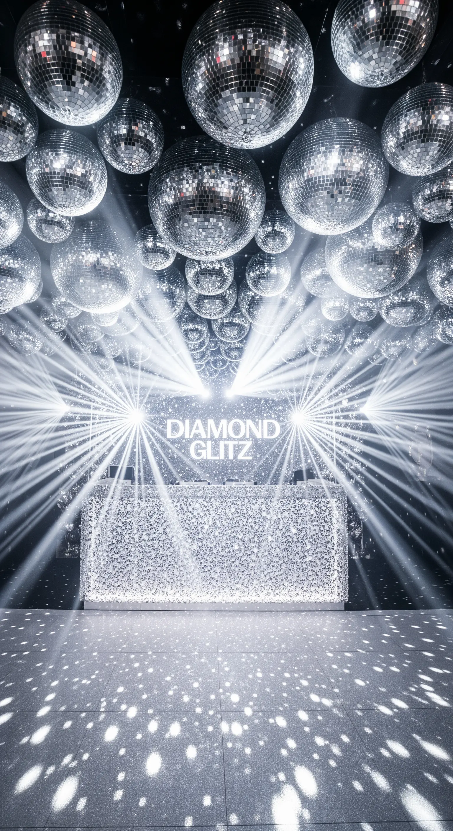 Soffitto coperto di disco ball e un DJ booth scintillante in un club.