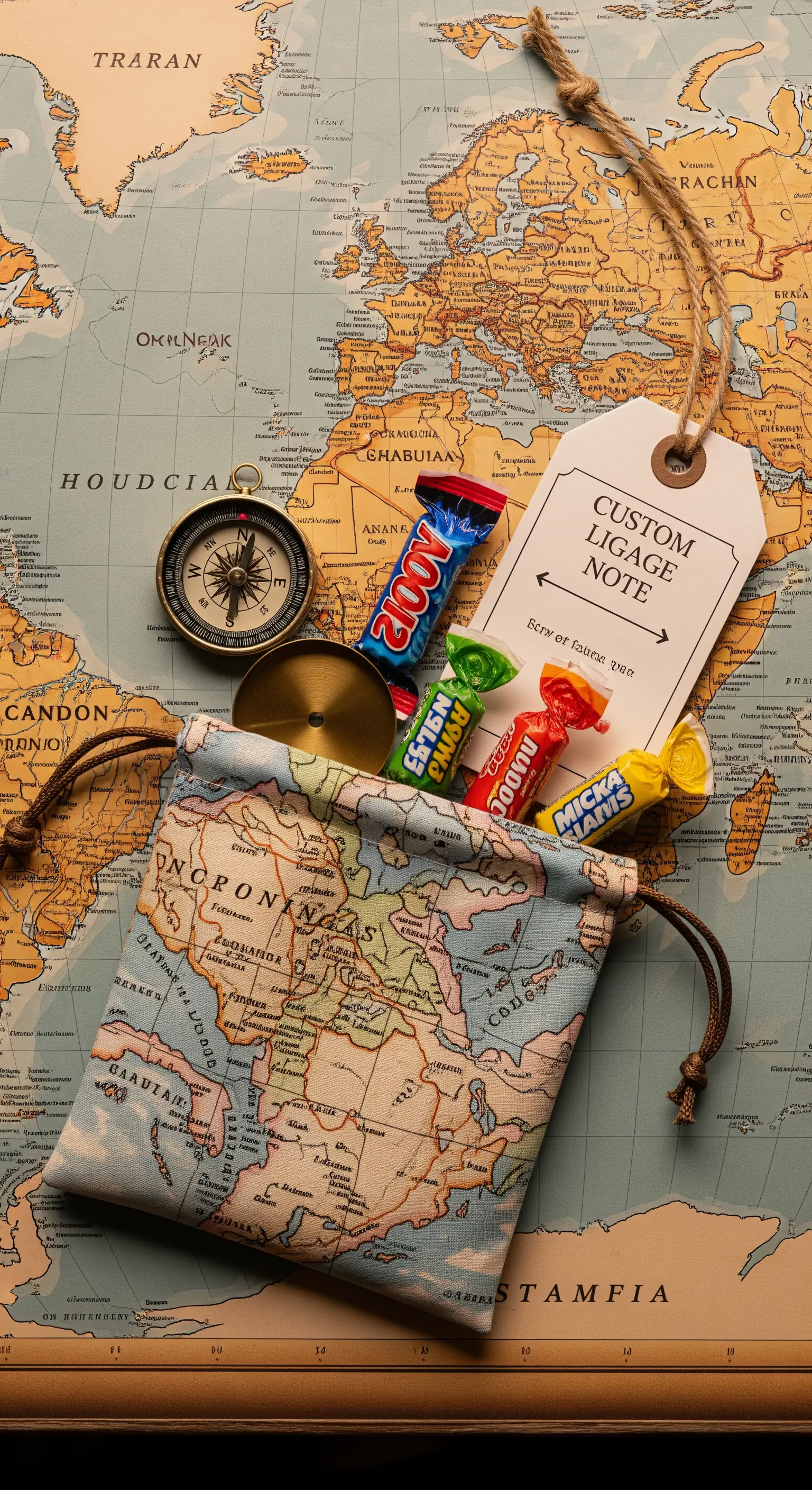 Pochette con stampa di mappa antica, una bussola e caramelle su una carta geografica.