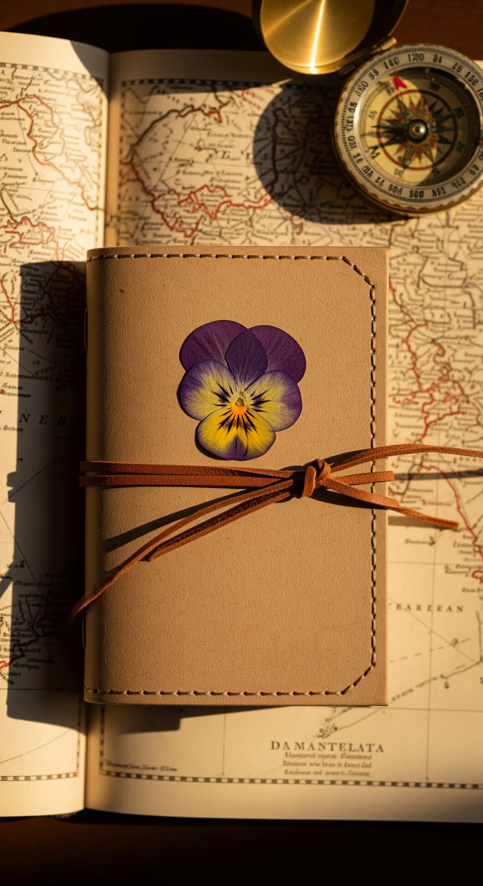 Taccuino in pelle con un fiore pressato sulla copertina, appoggiato su una mappa antica.