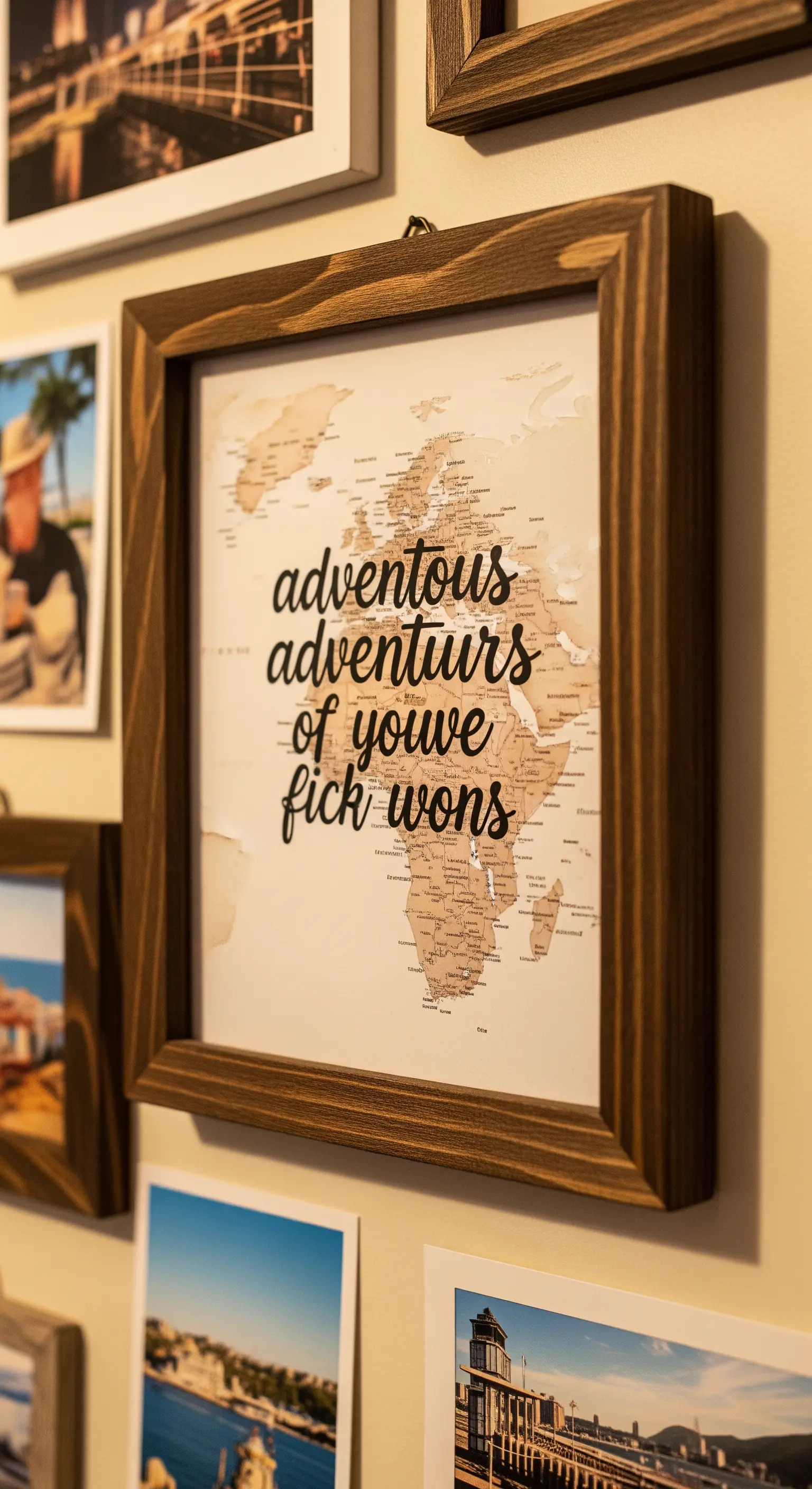 Quadro con citazione su una mappa, parte di una gallery wall con fotografie di viaggio.