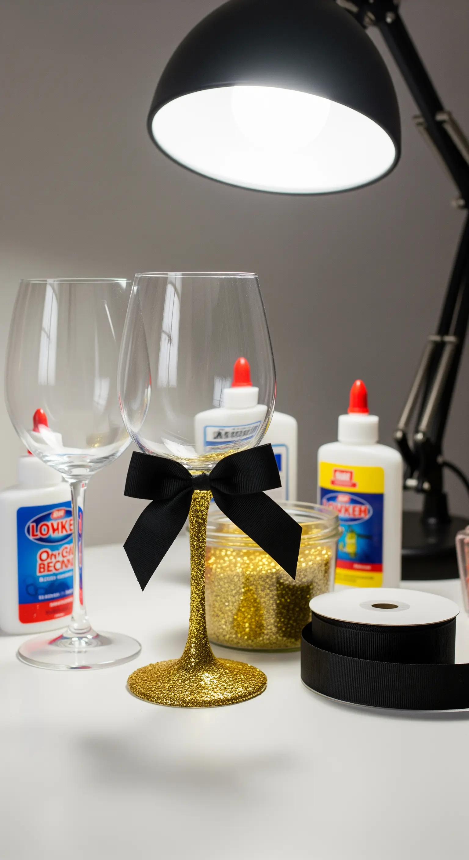 Postazione di lavoro con calici, colla, glitter oro e nastro nero per un progetto DIY.