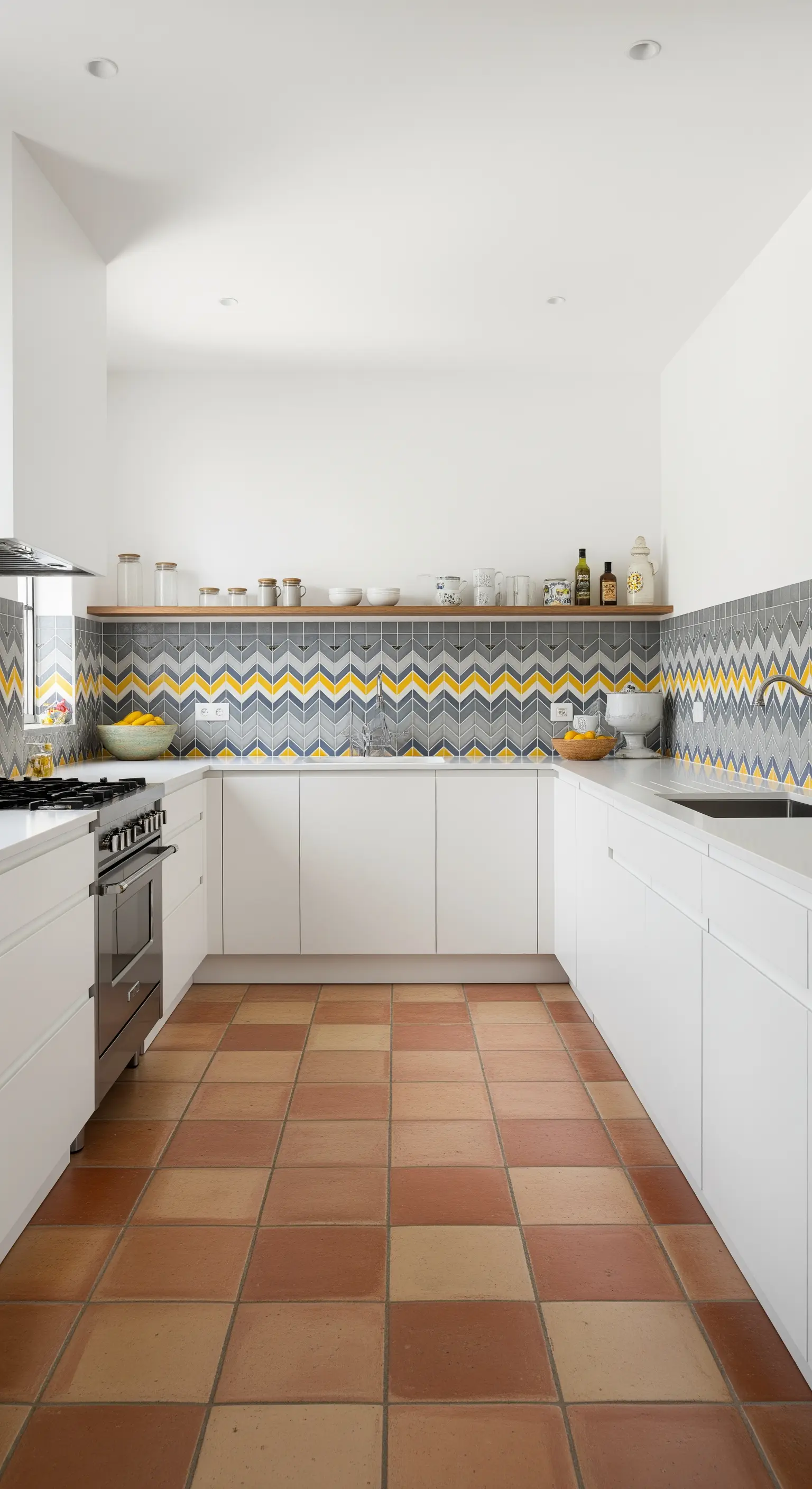 Cucina bianca con paraschizzi in piastrelle a spina di pesce nei toni del grigio e giallo.