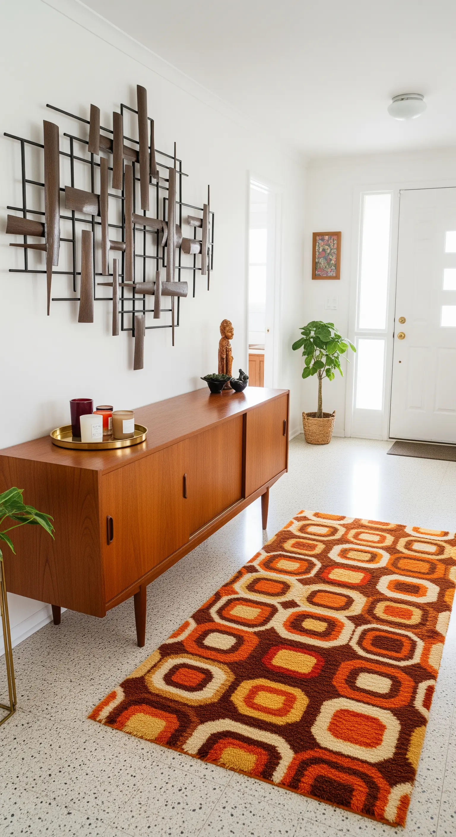 Ingresso in stile Mid-Century con credenza in teak, scultura a parete e tappeto geometrico arancione.