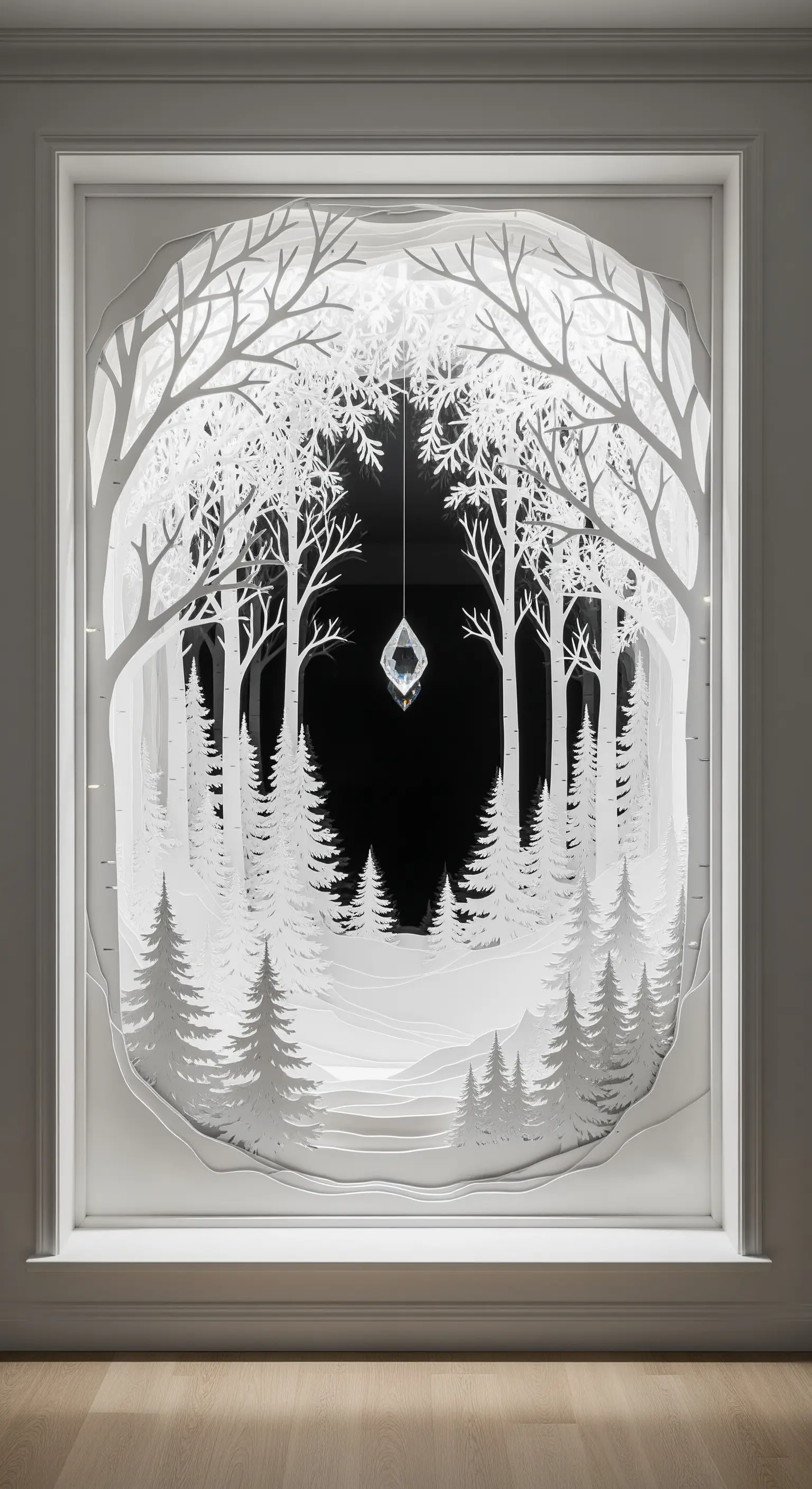 Diorama tridimensionale di carta bianca che raffigura una foresta invernale con un cristallo.