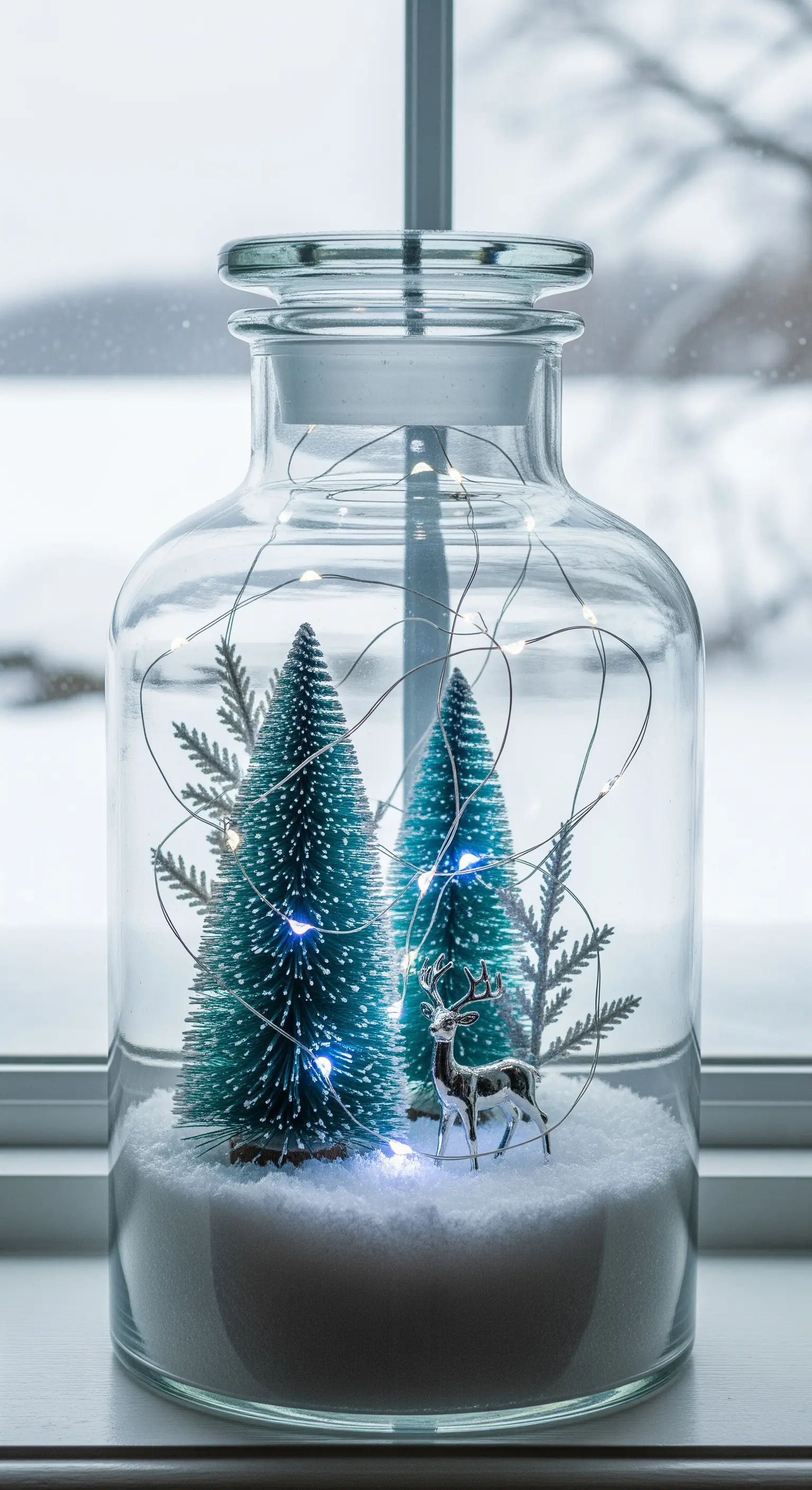 Grande barattolo di vetro con neve finta, mini abeti e un cerbiatto, illuminato da lucine LED.