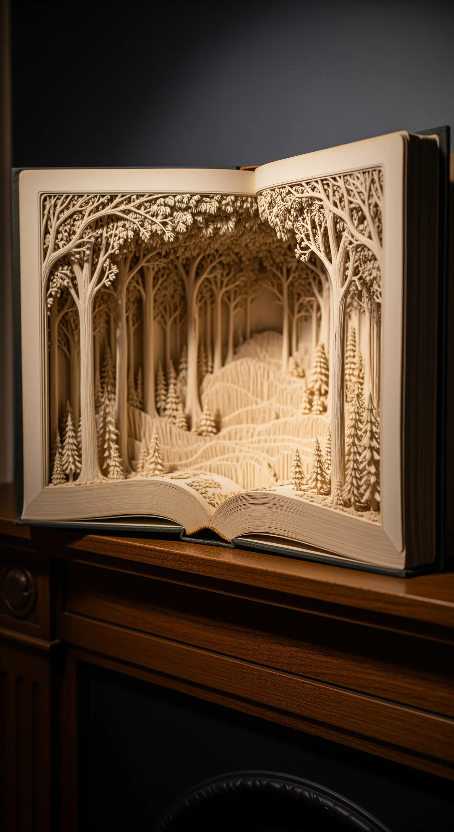 Scultura tridimensionale di una foresta innevata intagliata nelle pagine di un libro aperto.