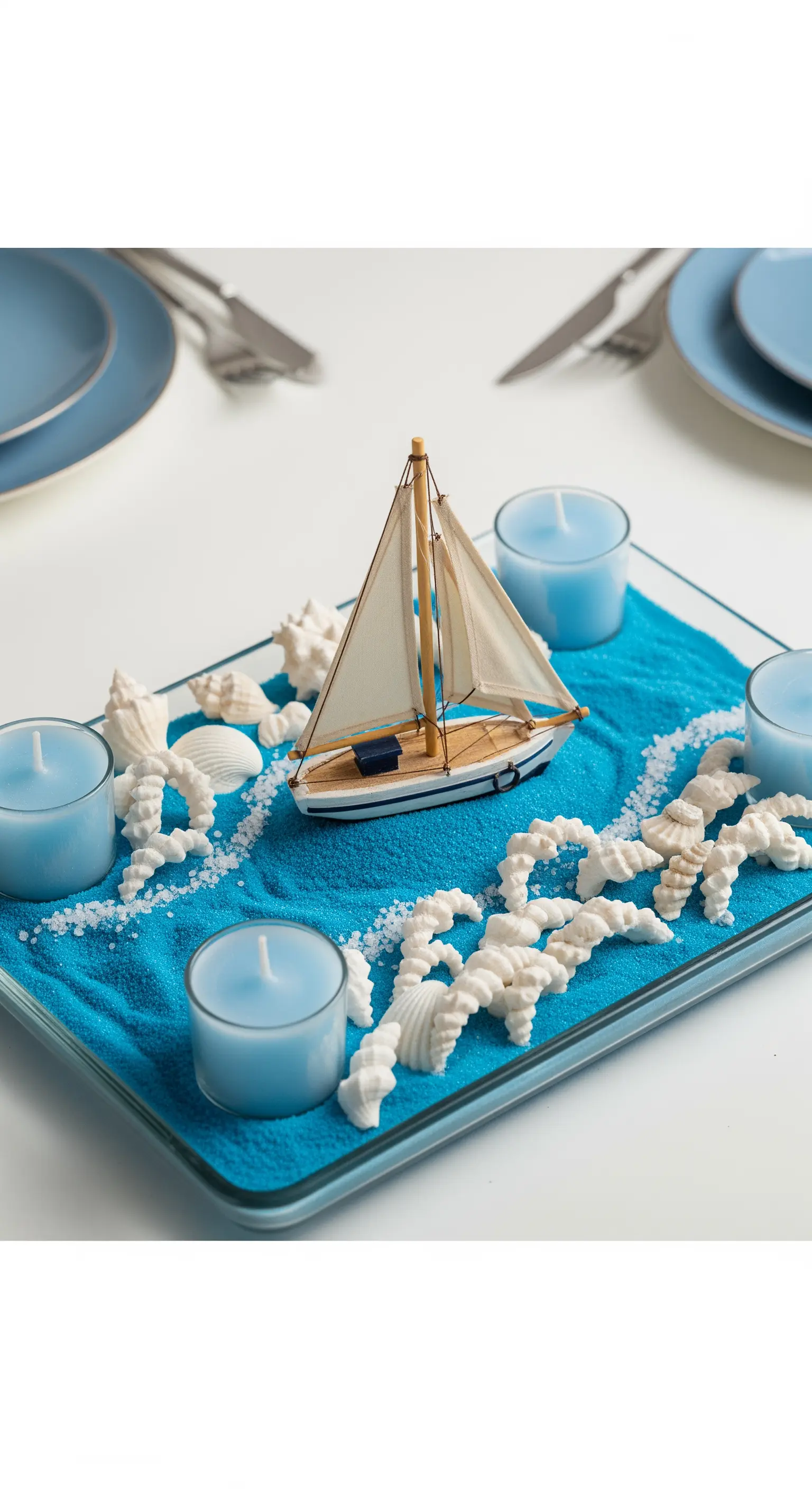 Vassoio in vetro con sabbia blu, modellino di barca a vela, coralli e candele.