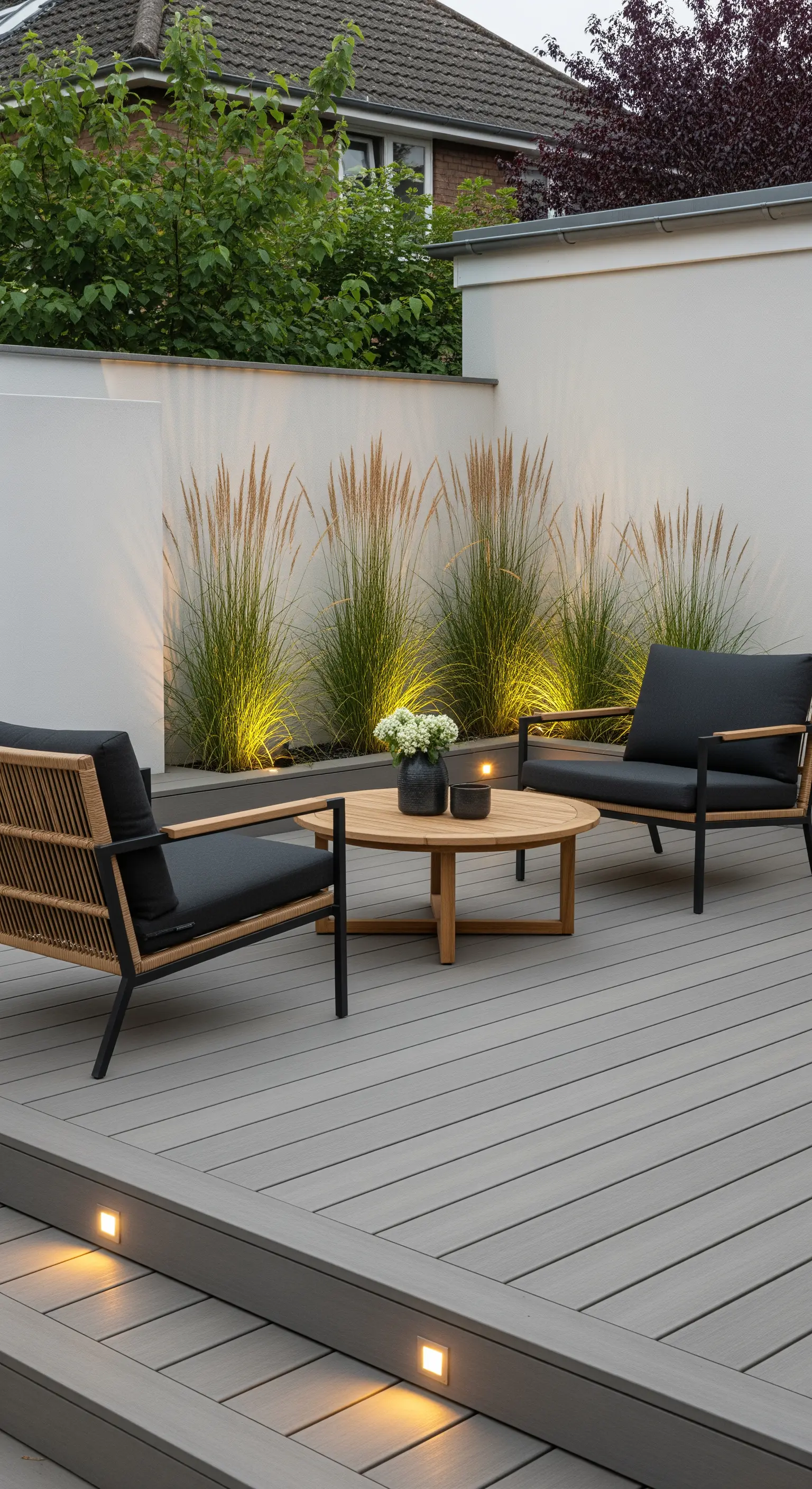 Patio intimo con poltrone in legno e faretti che illuminano erbe ornamentali.