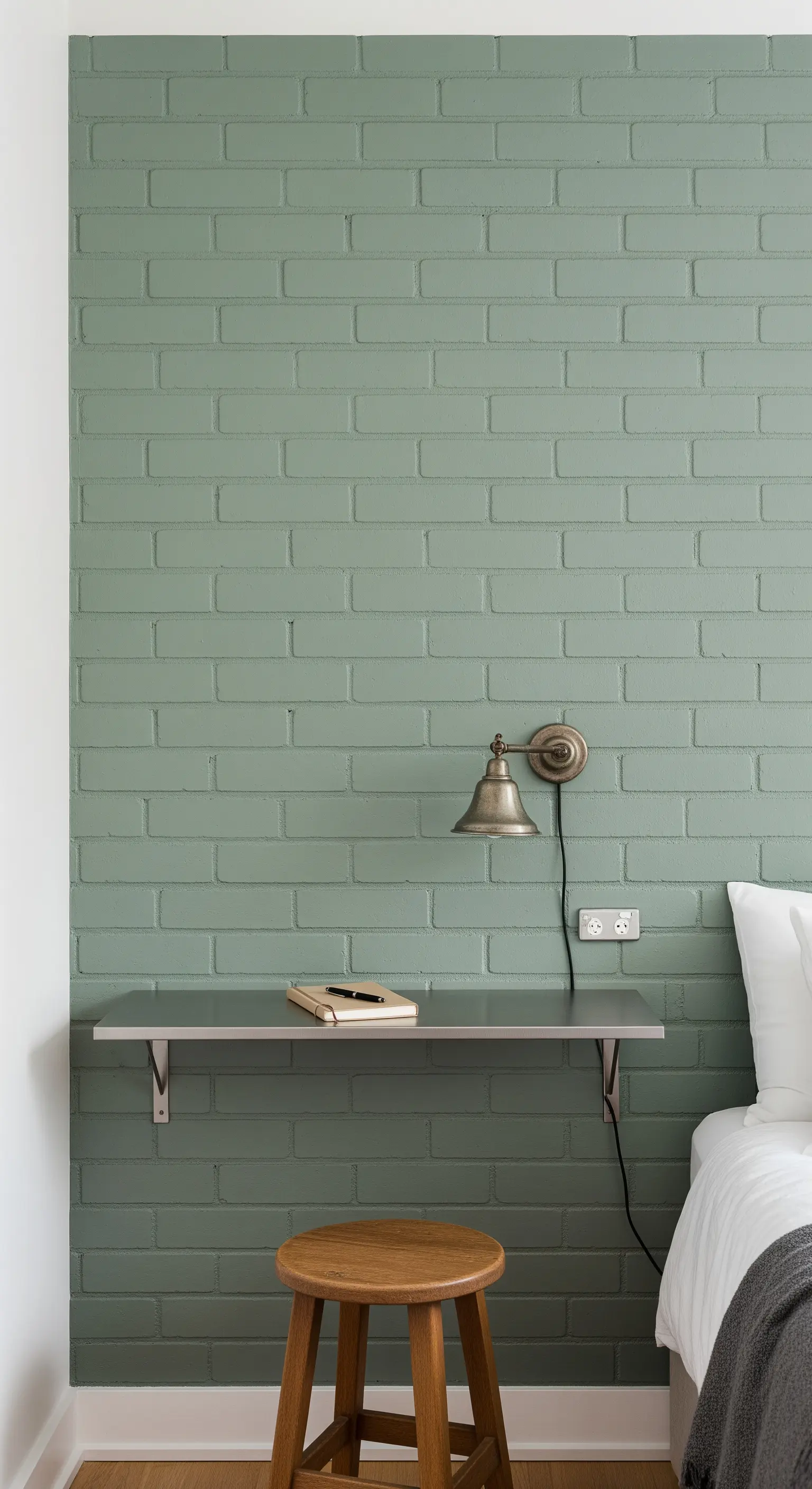 Parete di mattoni verde salvia con una piccola scrivania a mensola e uno sgabello.