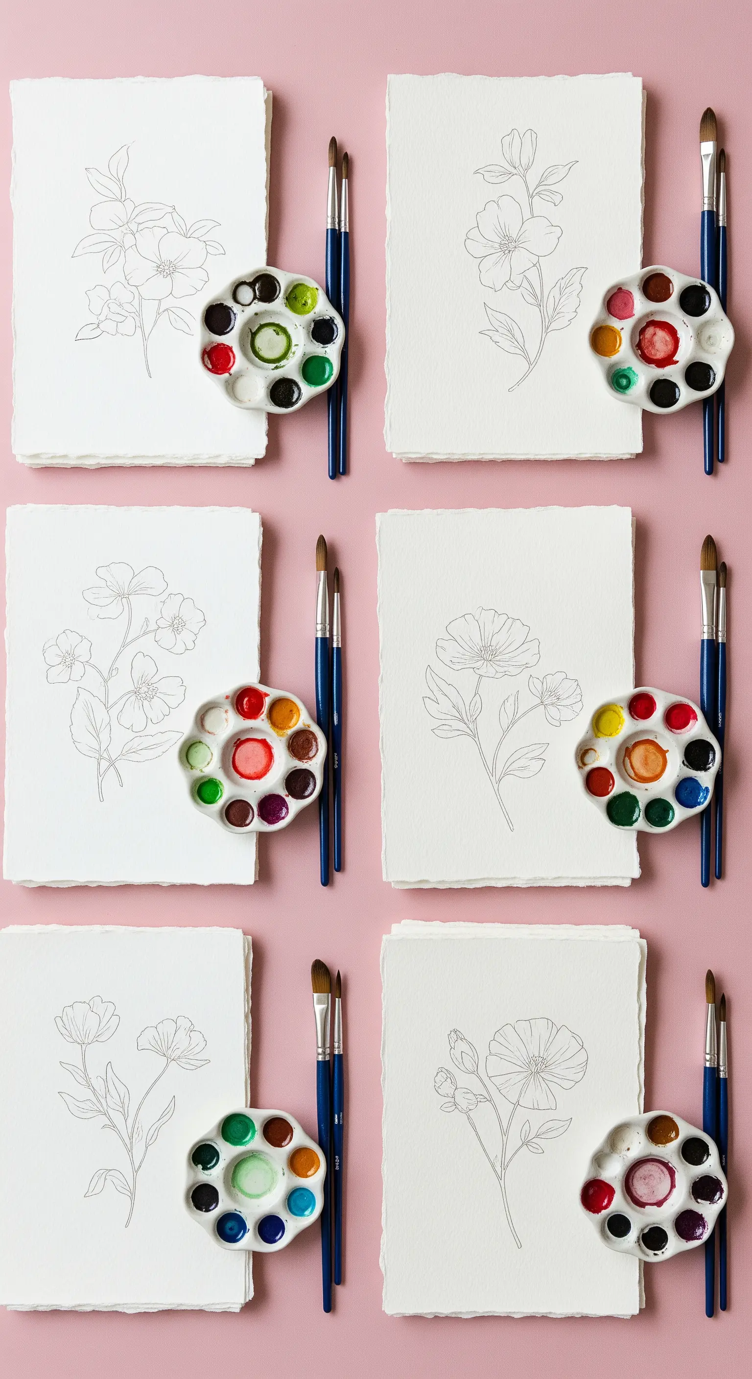 Postazioni per dipingere ad acquerello con disegni floreali, tavolozze e pennelli