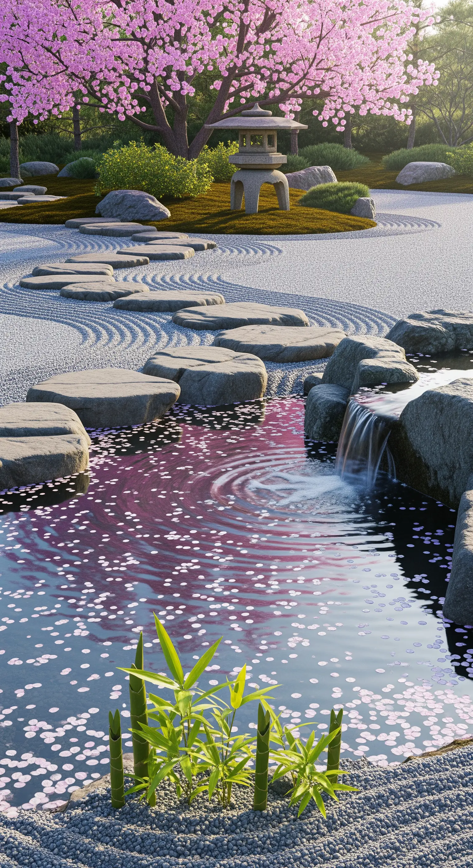 Giardino zen con laghetto coperto di petali di ciliegio rosa e un albero in fiore.