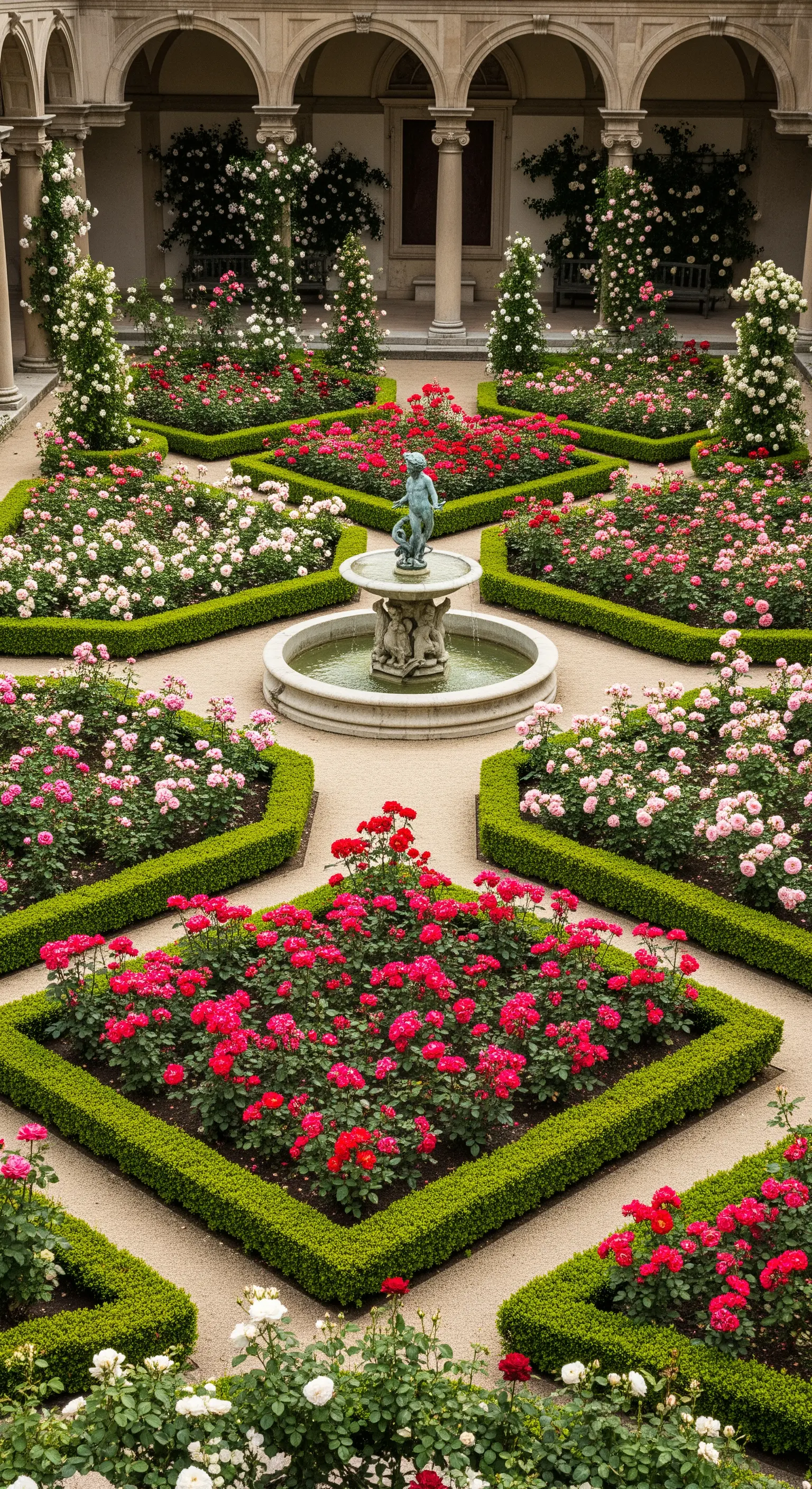 Giardino di rose con aiuole geometriche piene di fiori rossi e rosa, e una fontana al centro