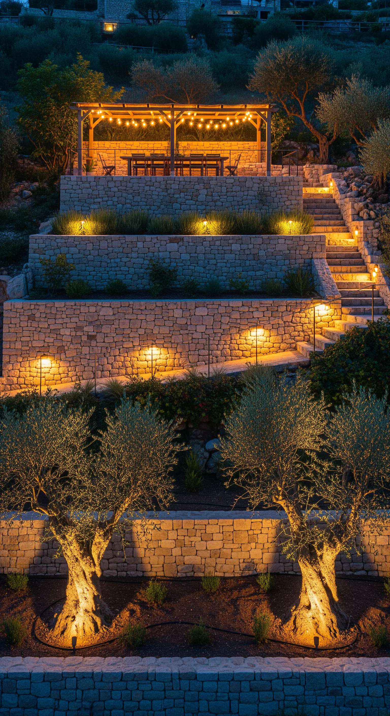 Giardino terrazzato con muretti a secco, ulivi e sentieri illuminati da faretti.