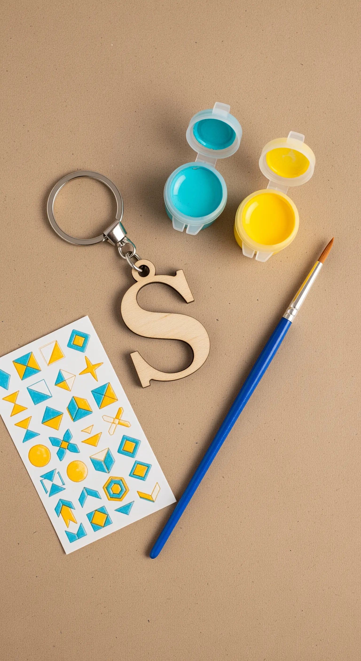 Kit per dipingere un portachiavi in legno a forma di lettera con colori e pennello.