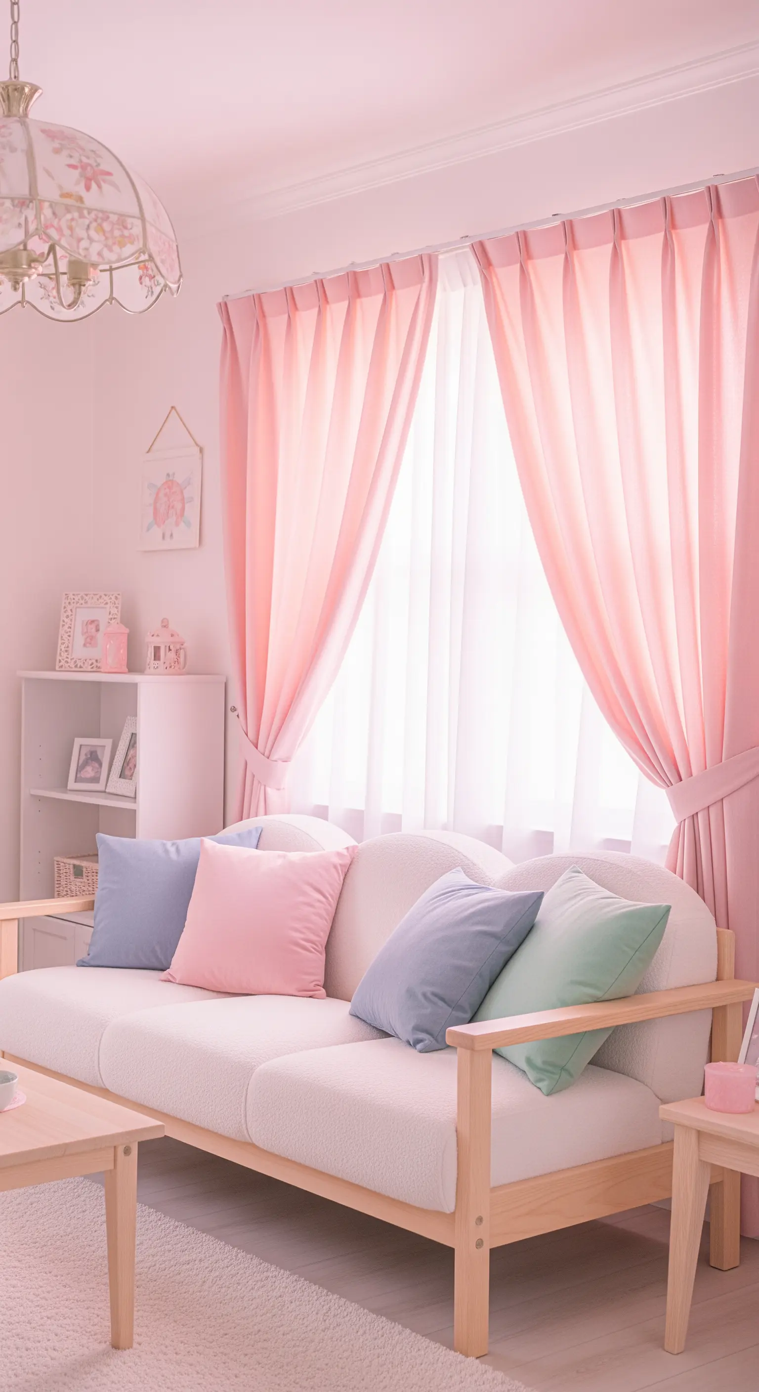 Soggiorno in stile romantico con divano bianco, tende rosa e cuscini color pastello.