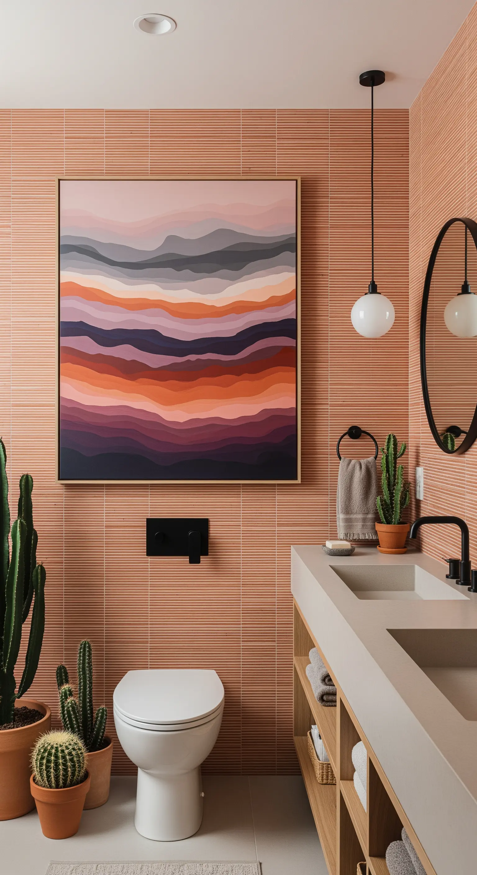 Bagno color terracotta con un quadro astratto che ricorda un paesaggio desertico.
