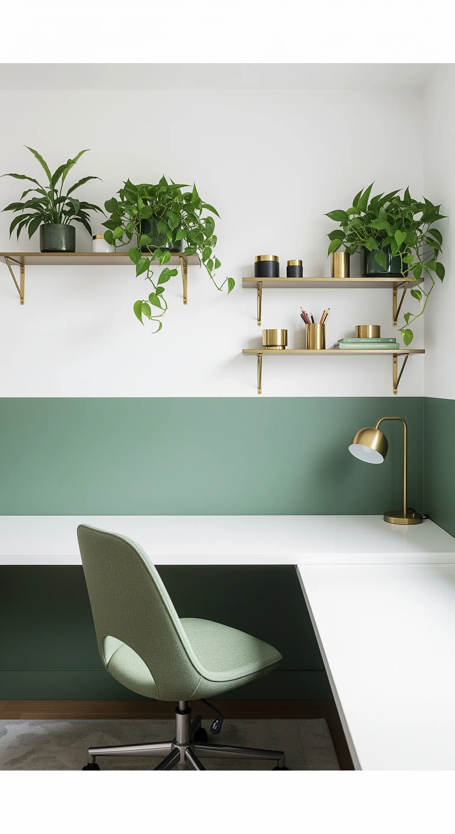 Angolo studio con parete bicolore bianca e verde salvia, scrivania a L e mensole dorate.