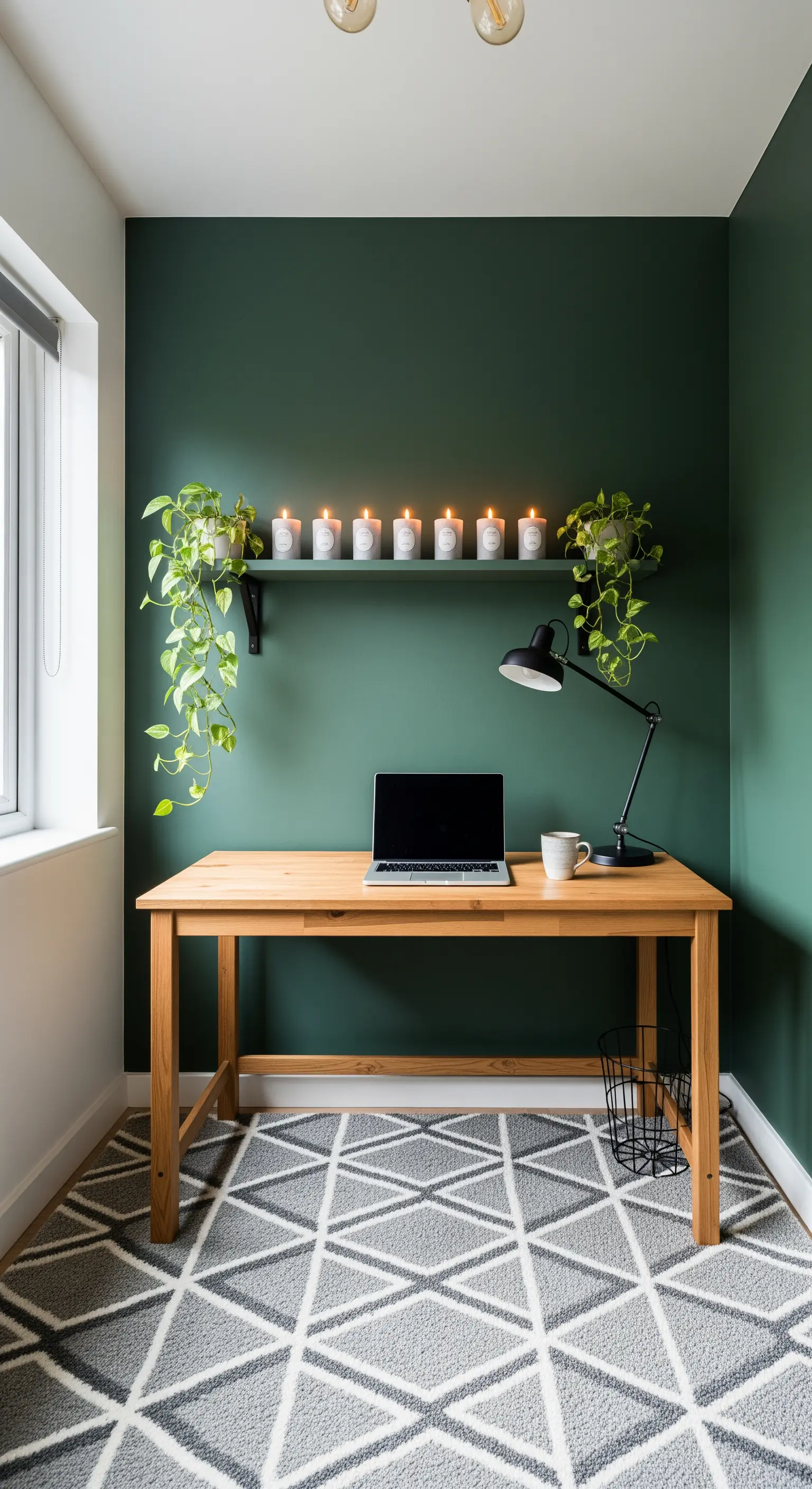 Scrivania in legno chiaro contro una parete verde scuro, con mensola e piante pensili.