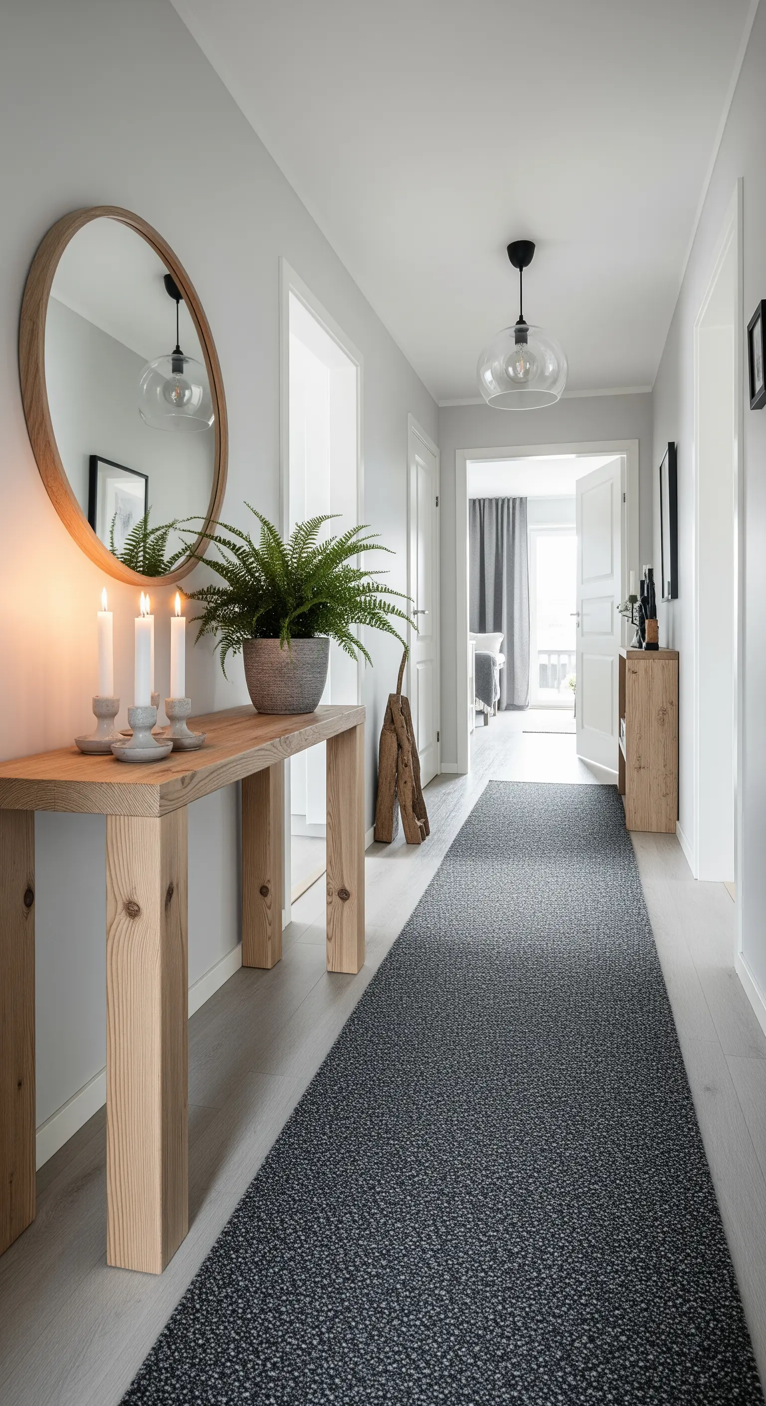 Lungo corridoio con runner grigio, consolle in legno chiaro e specchio rotondo.