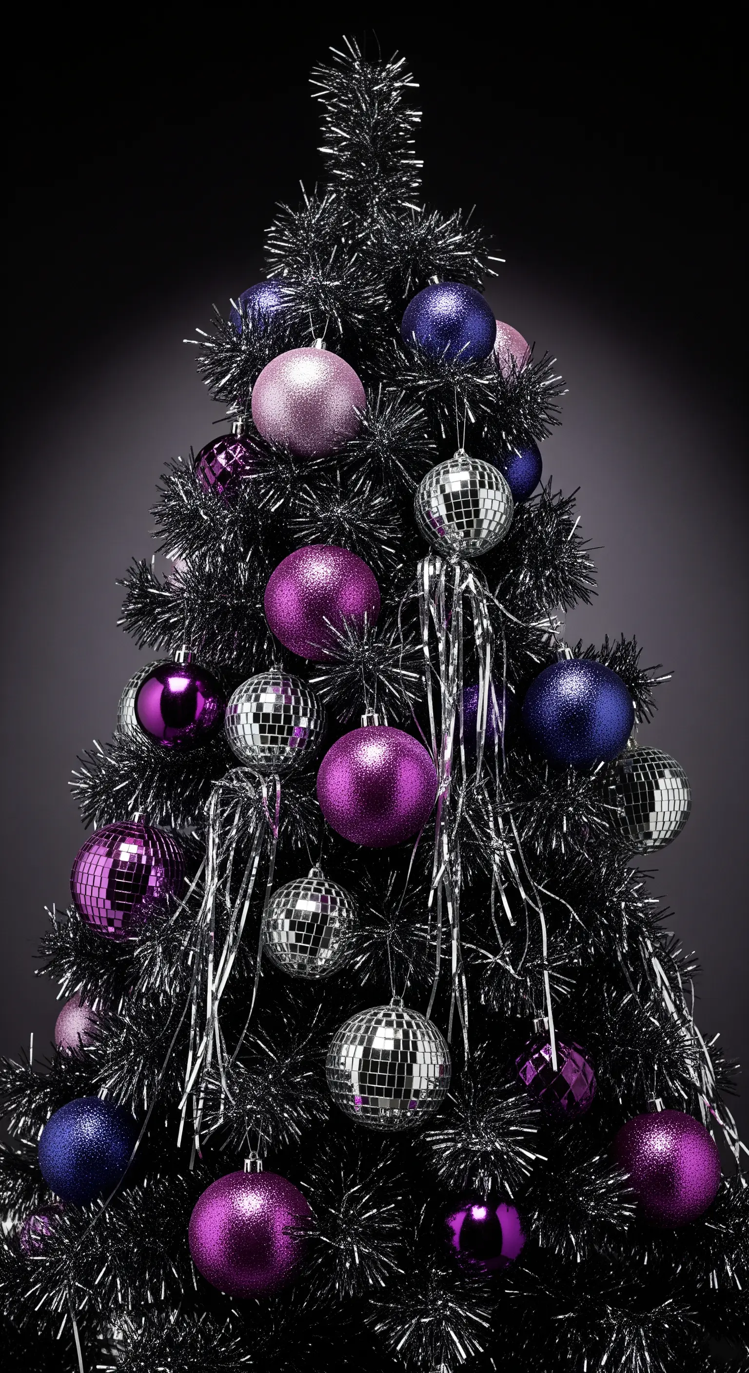 Albero di Natale nero in tinsel con palline a specchio e decorazioni viola e blu.