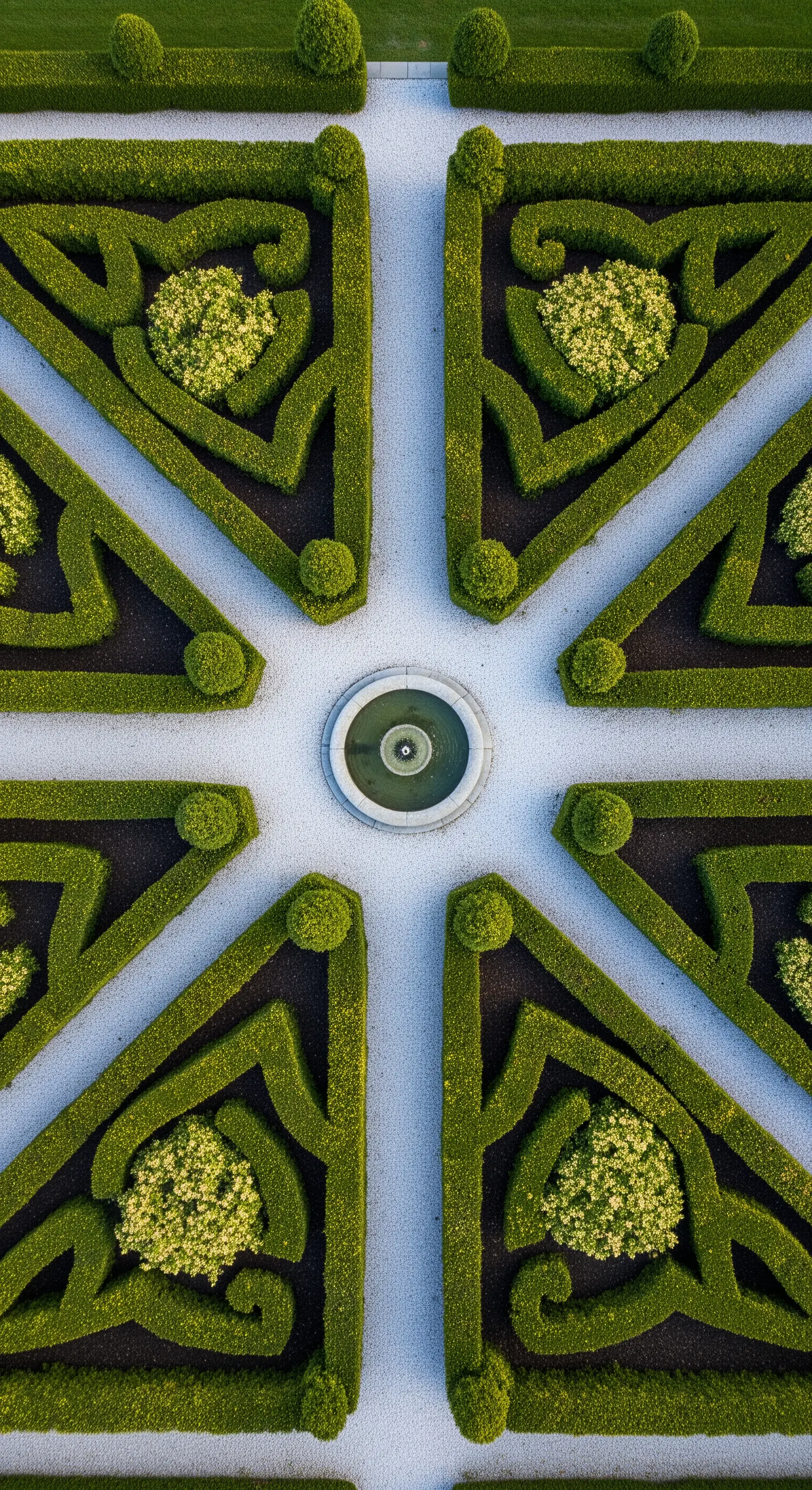 Vista aerea di un giardino formale con siepi di bosso che creano un motivo geometrico a stella