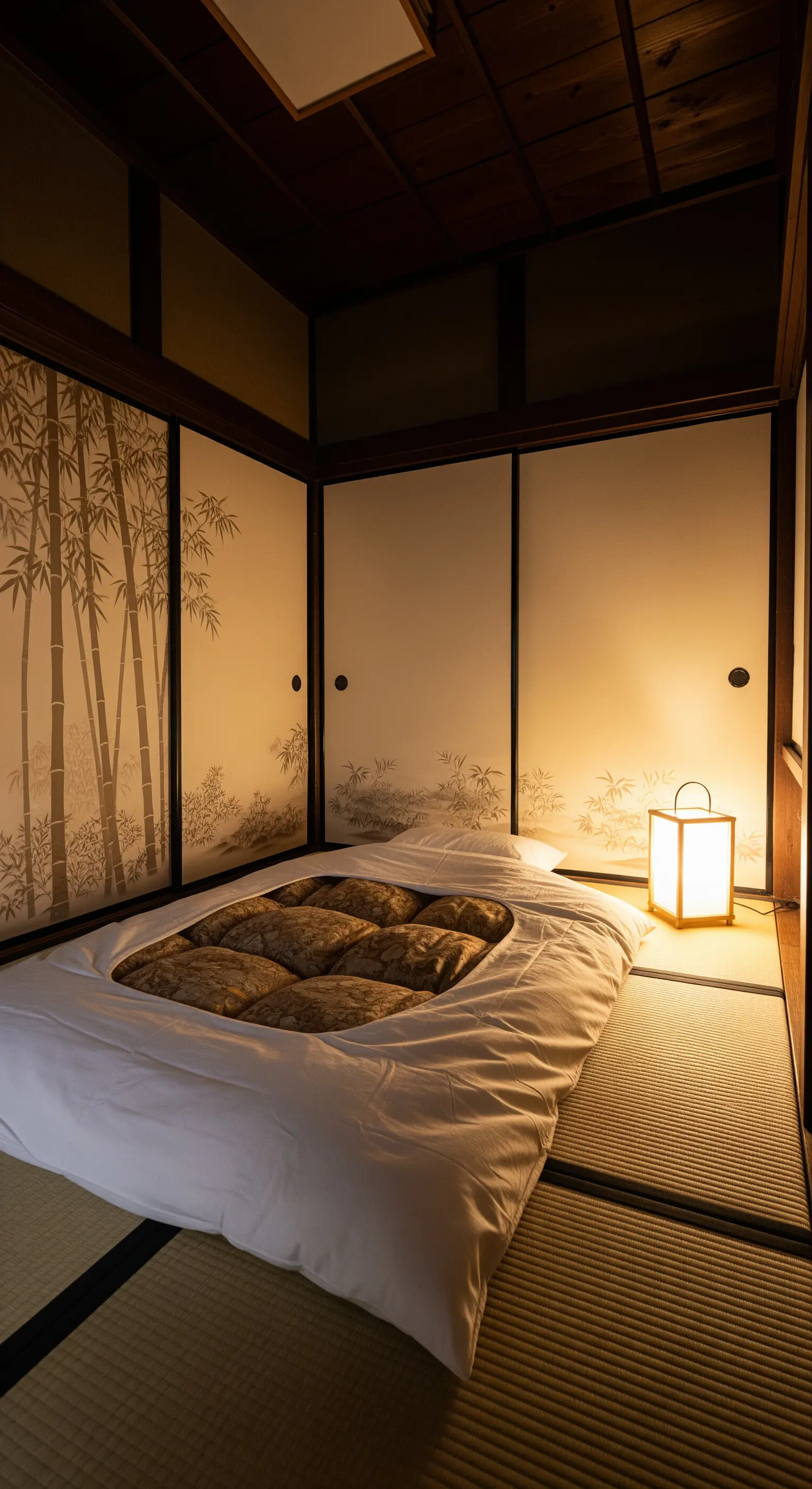 Futon in una stanza tradizionale con pannelli shoji dipinti e una lanterna di carta accesa.