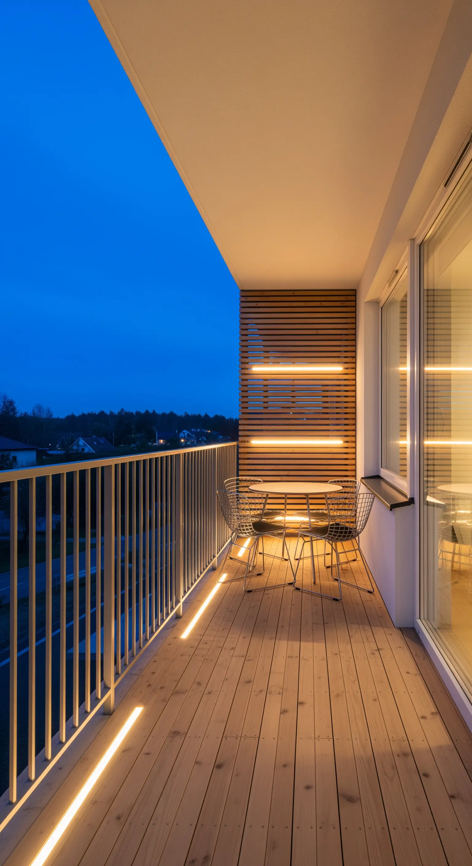 Balcone lungo e stretto con pavimento in legno e illuminazione a LED lineare