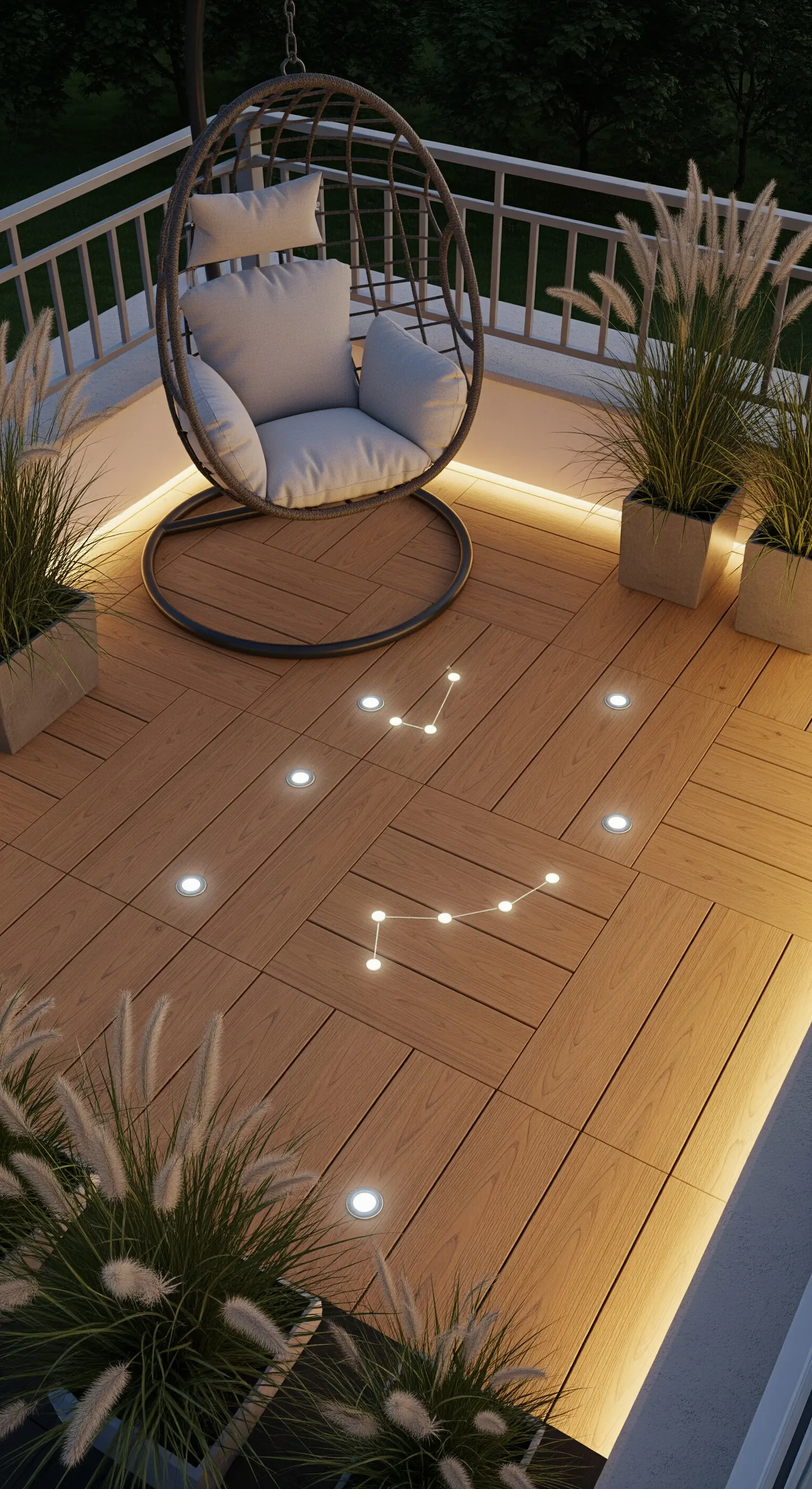 Pavimento in legno composito con faretti LED incassati a formare una costellazione