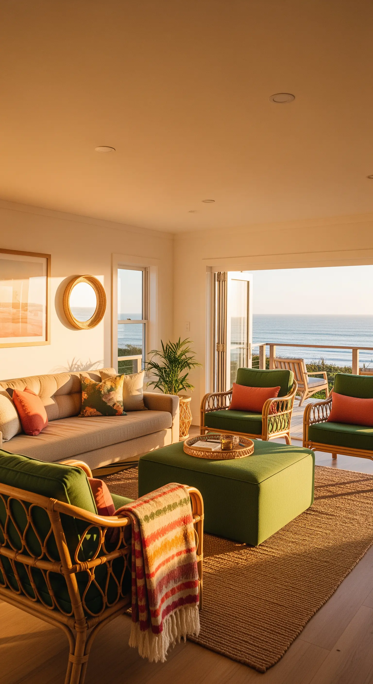 Soggiorno con vista mare al tramonto, con arredi in rattan e accenti verde e corallo.