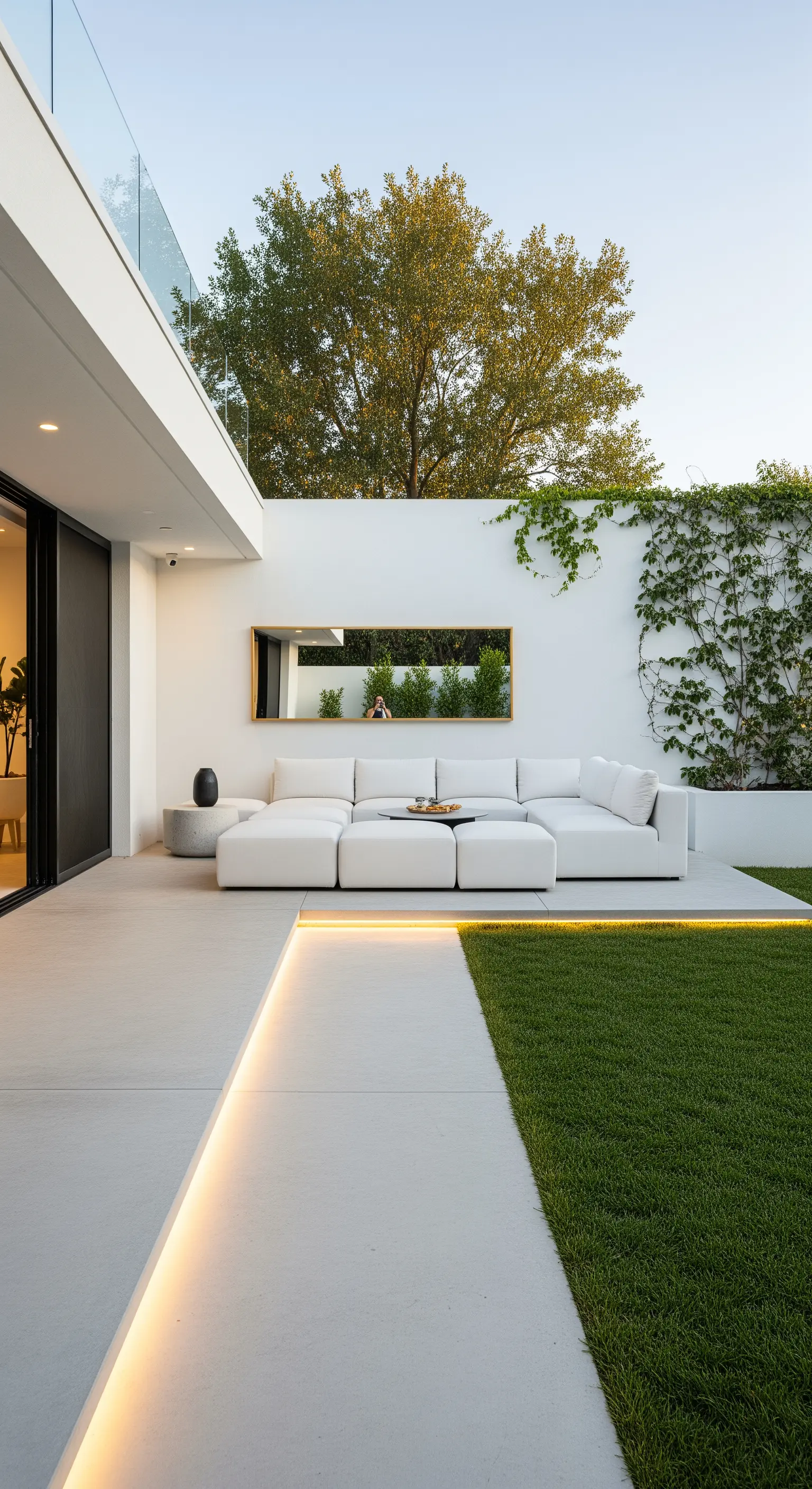 Giardino moderno con divano a L bianco e strisce di luce a LED integrate nel pavimento in cemento