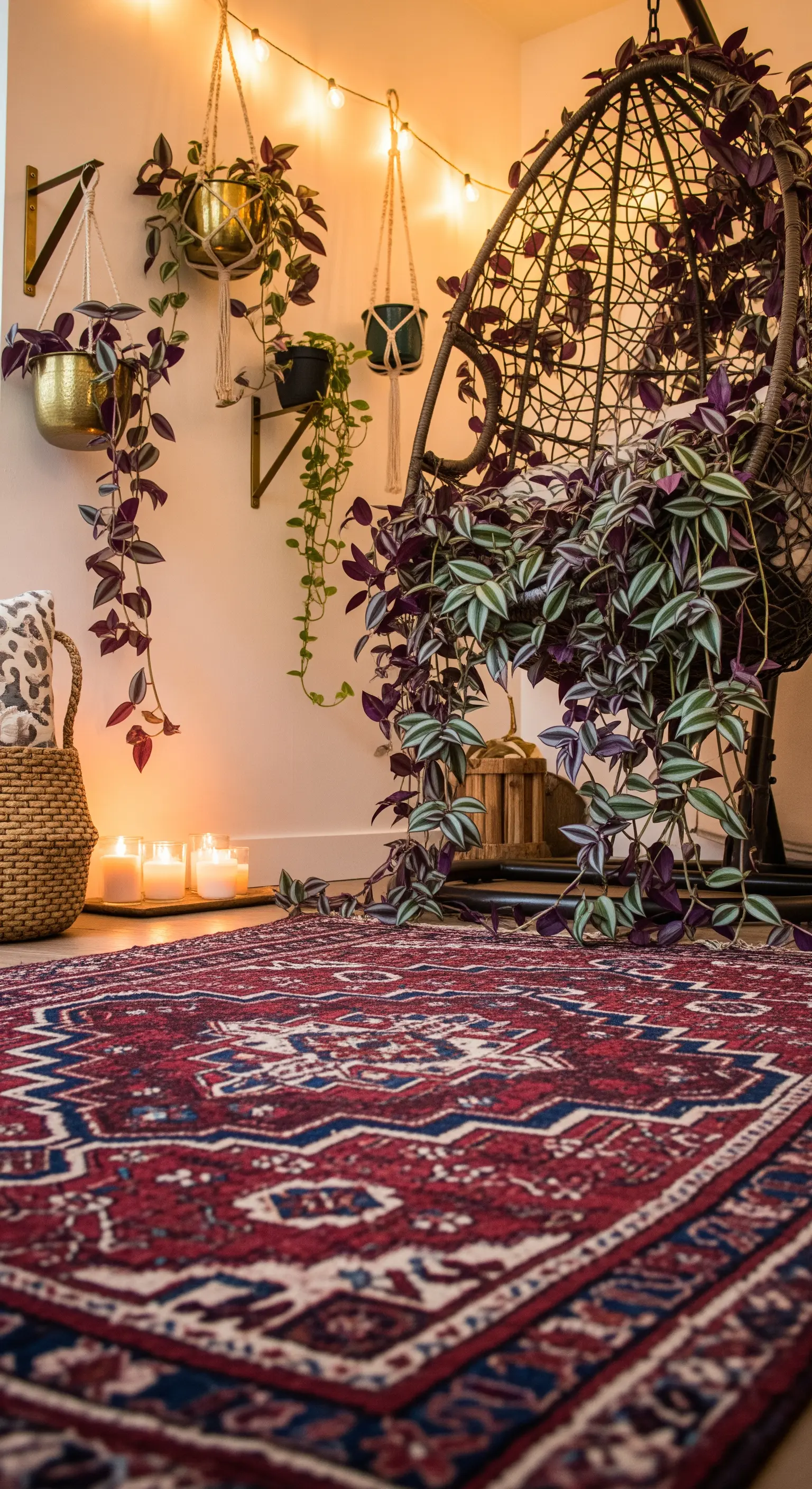 Angolo bohémien con poltrona sospesa, piante viola, luci calde e candele accese.