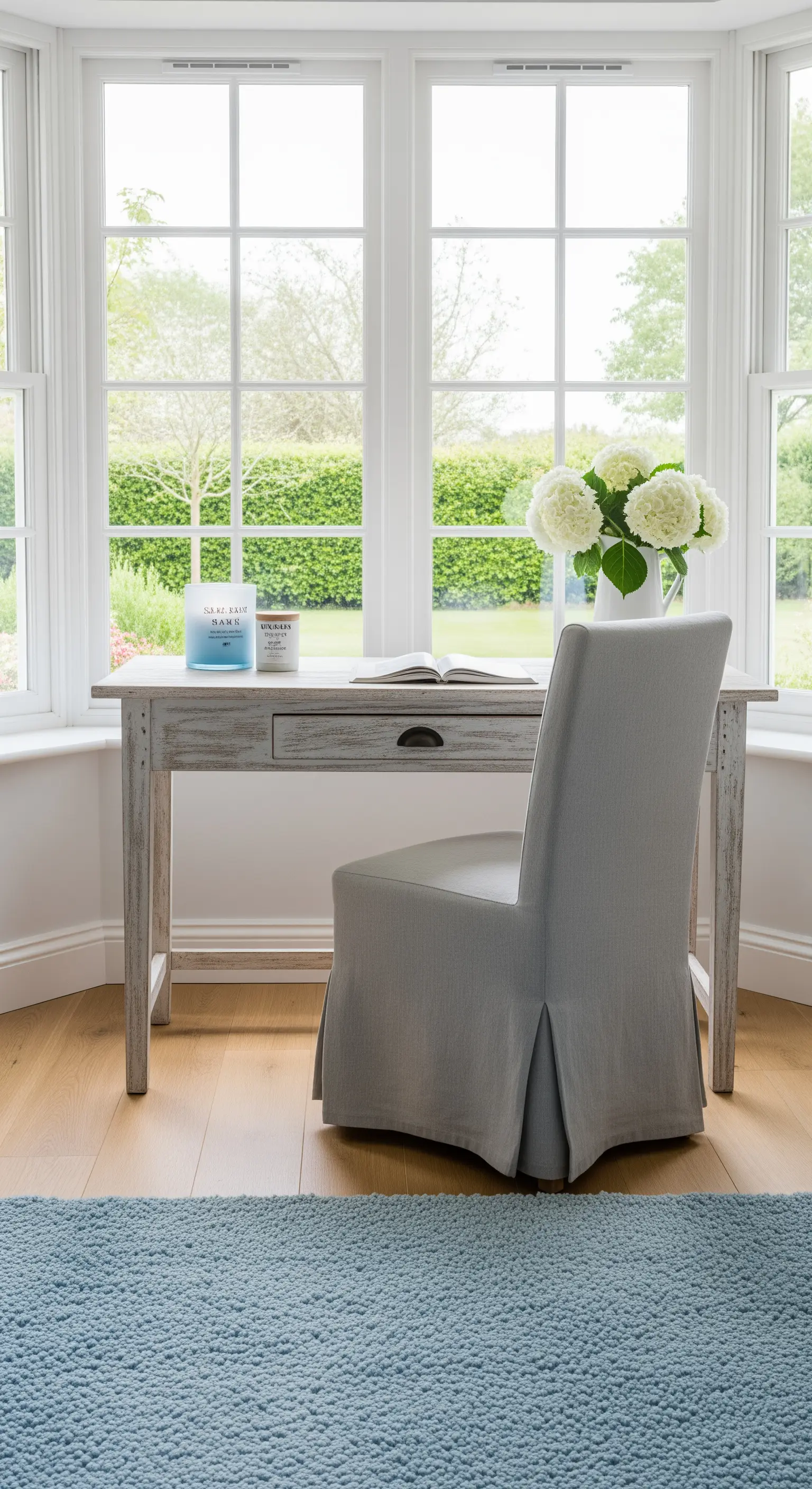 Scrivania bianca di fronte a una finestra luminosa, con sedia rivestita e tappeto azzurro.