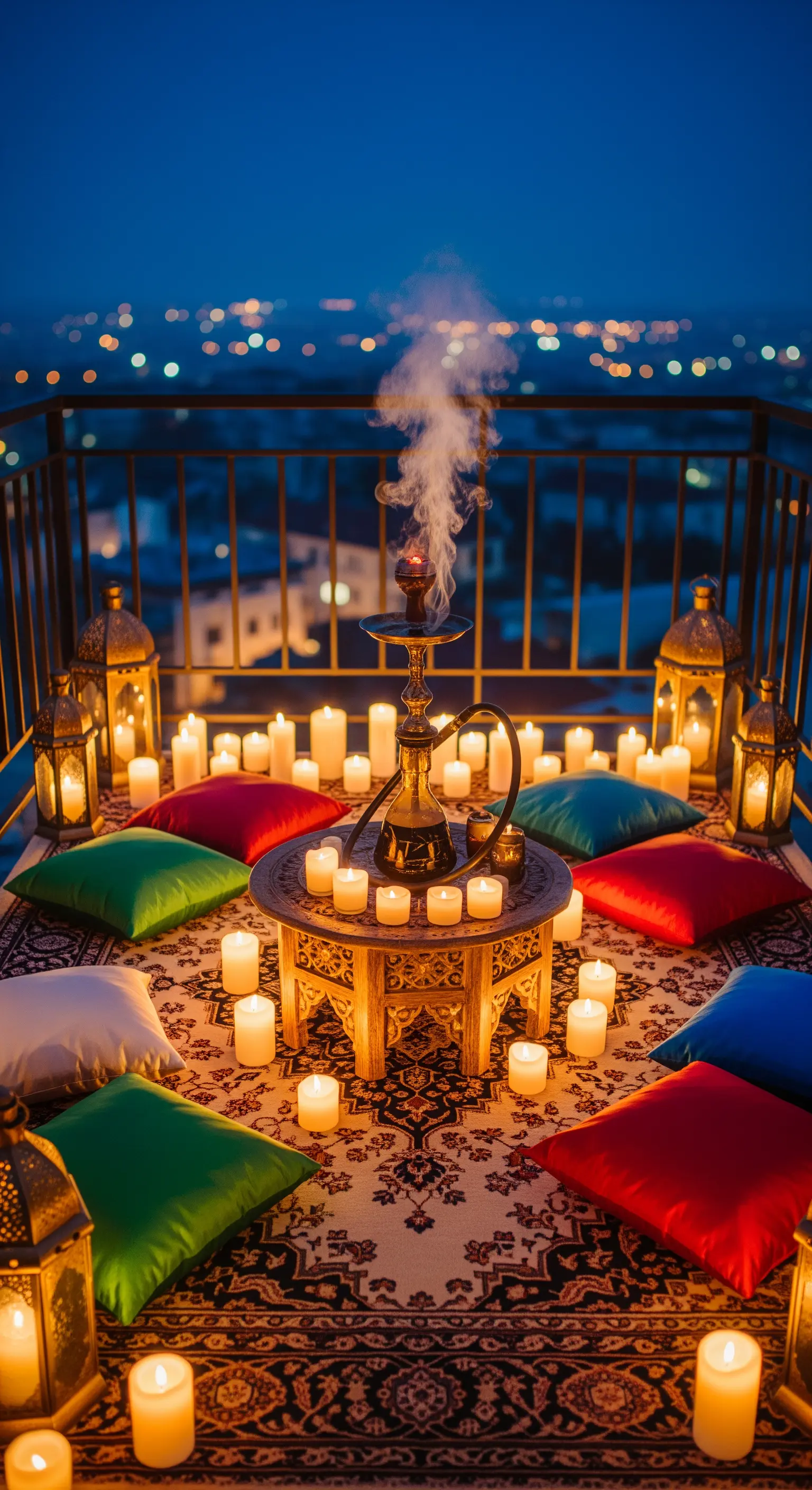 Balcone di notte illuminato da un cerchio di candele, con cuscini colorati e un narghilè.