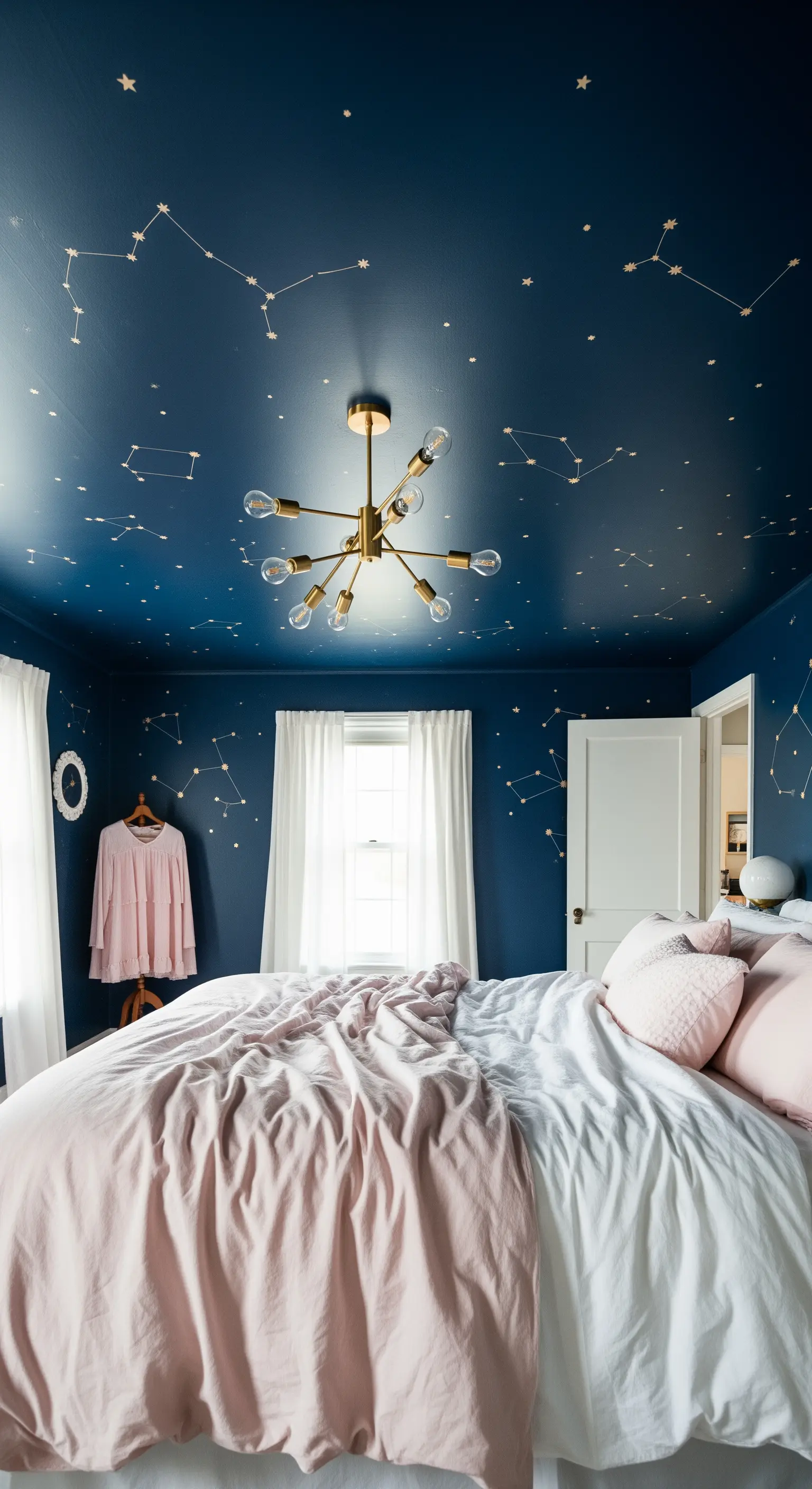 Camera da letto con soffitto blu notte decorato con costellazioni dorate.