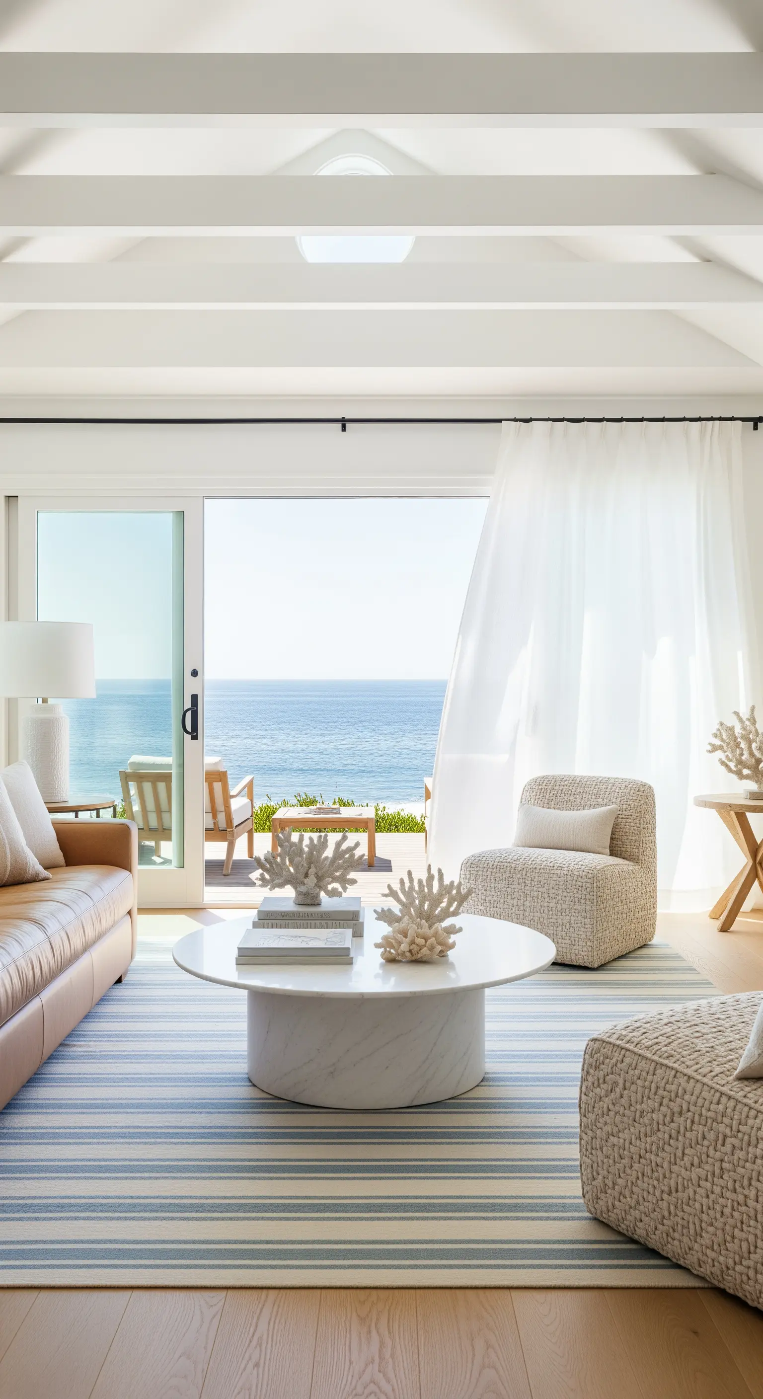 Soggiorno in stile costiero con divano in pelle chiara, vista mare e tappeto a righe.