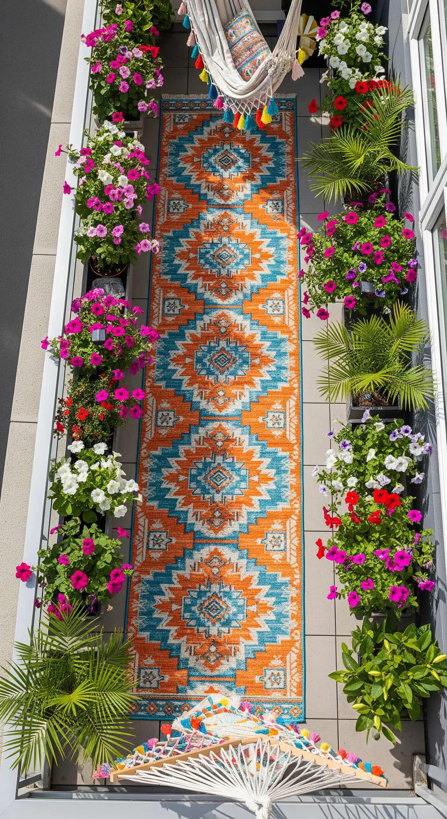 Balcone lungo e stretto visto dall'alto, con un runner etnico colorato e fioriere ai lati.