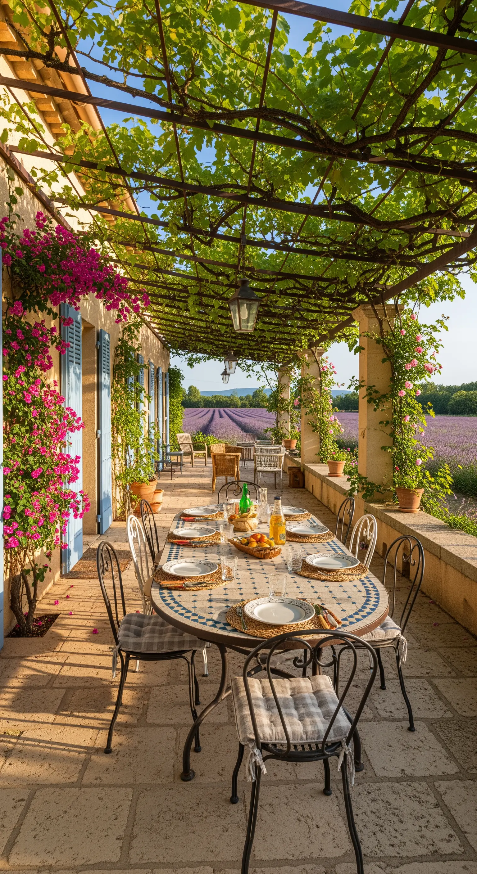 Lunga veranda affacciata su un campo di lavanda, con pergolato e tavoli in ferro battuto