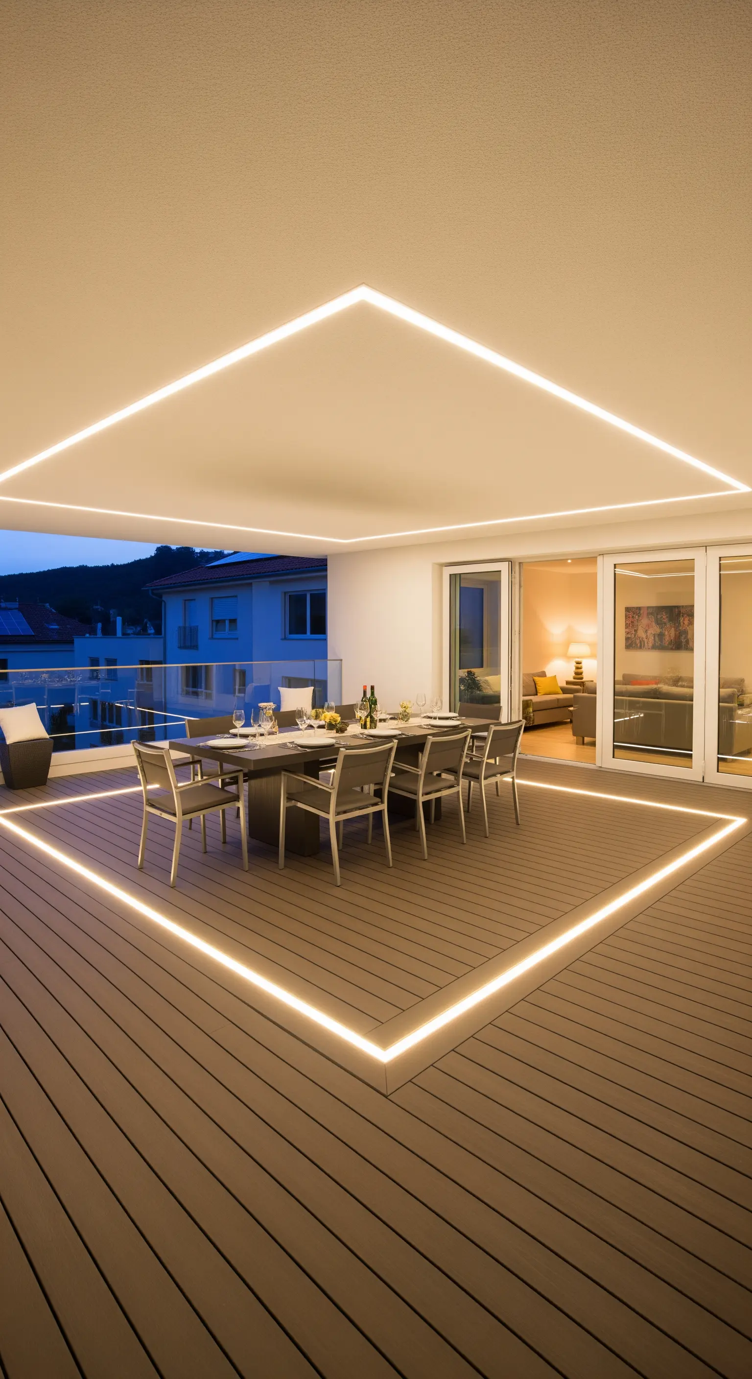 Terrazza con tavolo da pranzo incorniciato da un quadrato di luce LED a pavimento e a soffitto