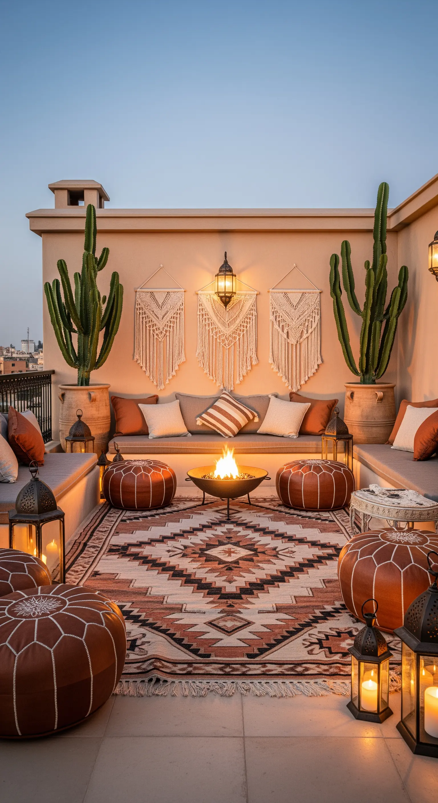 Terrazza in stile marocchino con pouf in pelle, braciere, tappeto etnico e lanterne.
