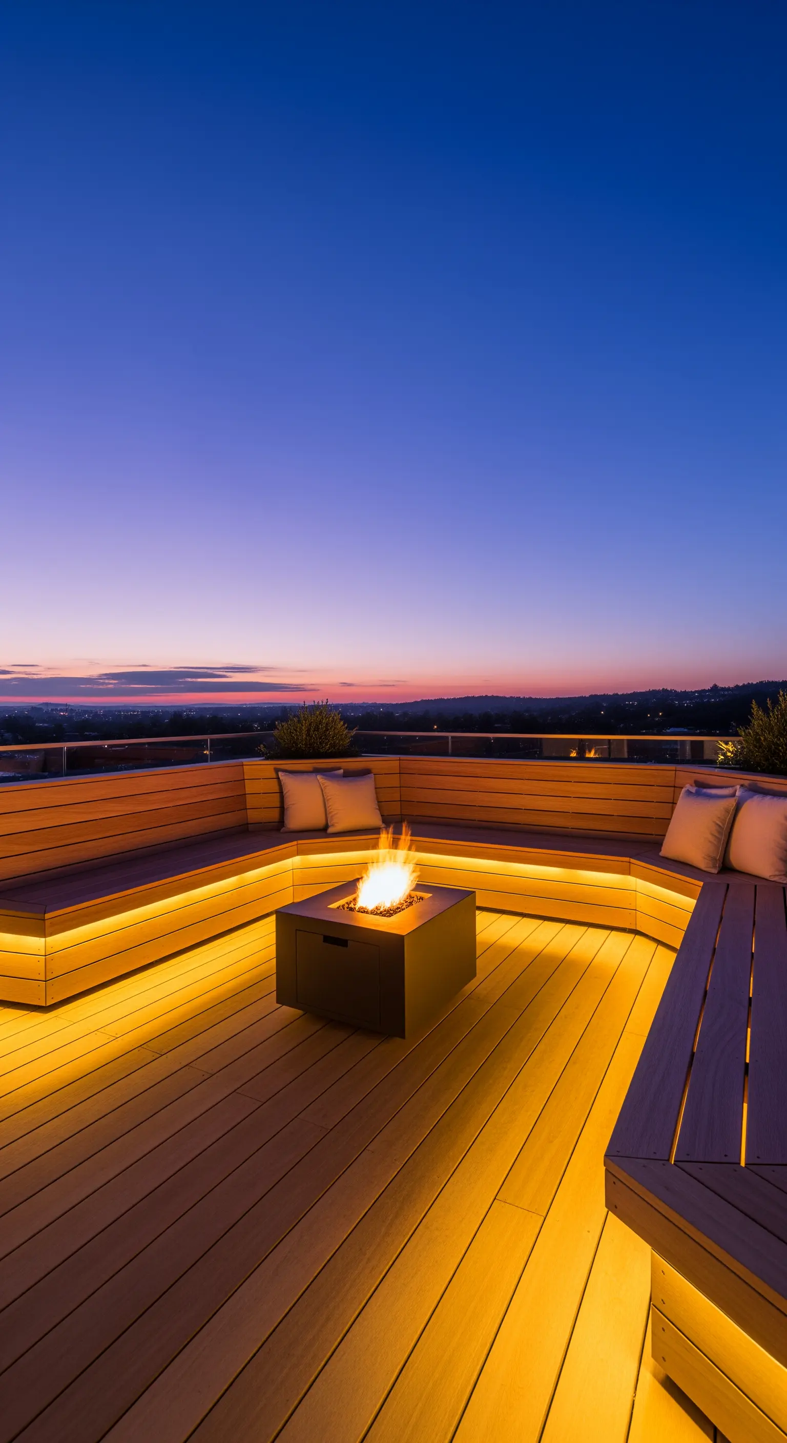 Terrazza con grande panca a U in legno, illuminata dal basso, e braciere centrale acceso