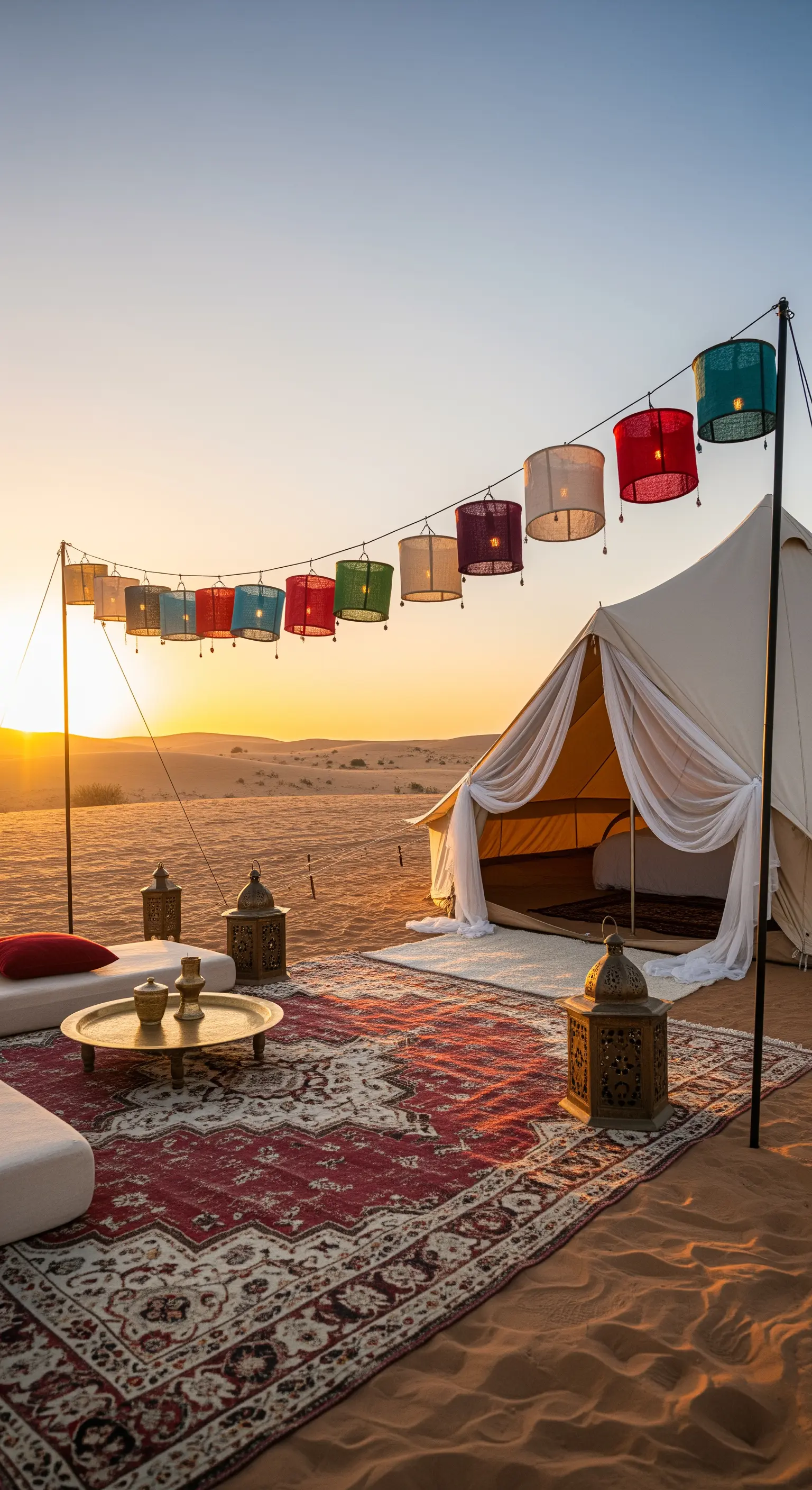 Allestimento bohémien nel deserto al tramonto con tappeto rosso e lanterne di carta colorate
