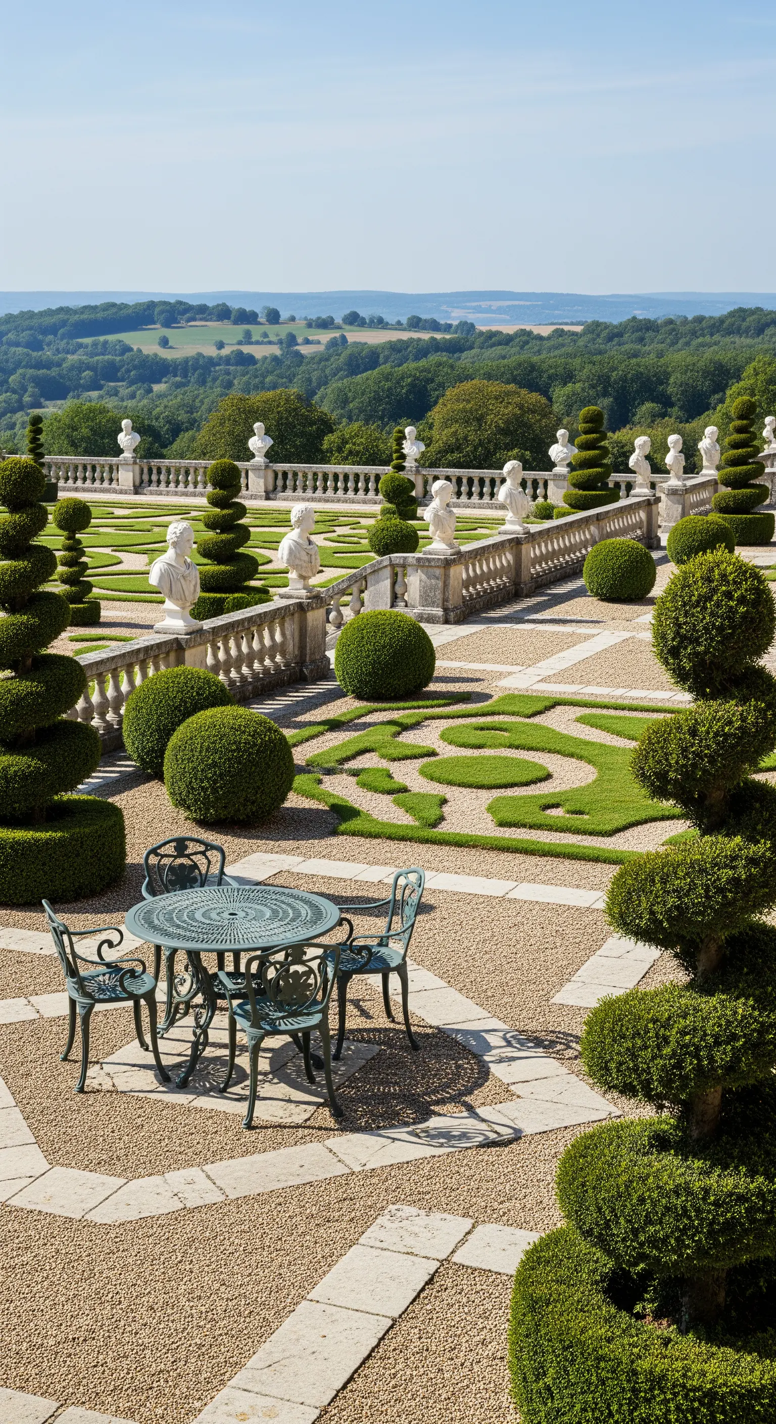 Giardino formale con siepi a spirale, busti classici e tavolo in metallo su ghiaia.