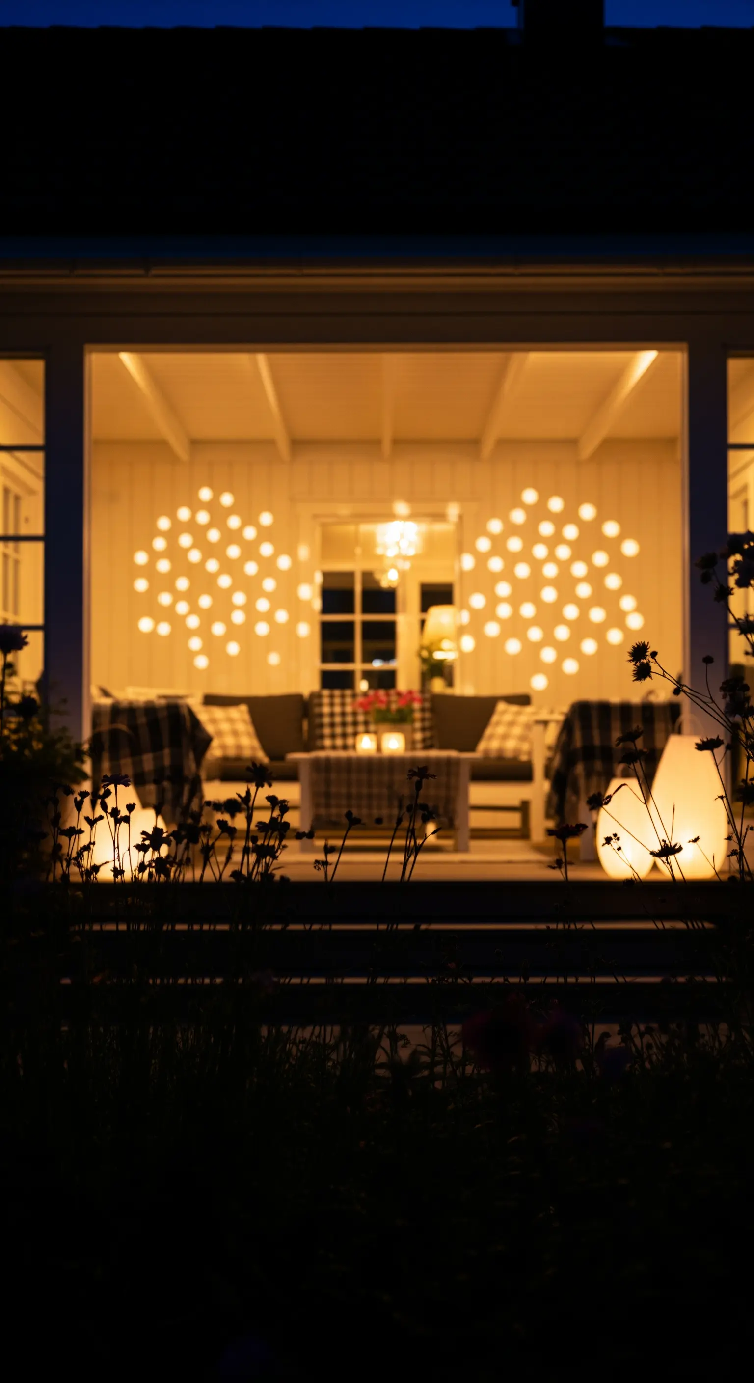 Veranda illuminata di notte, con due grandi forme circolari create con fili di luci sulla parete.