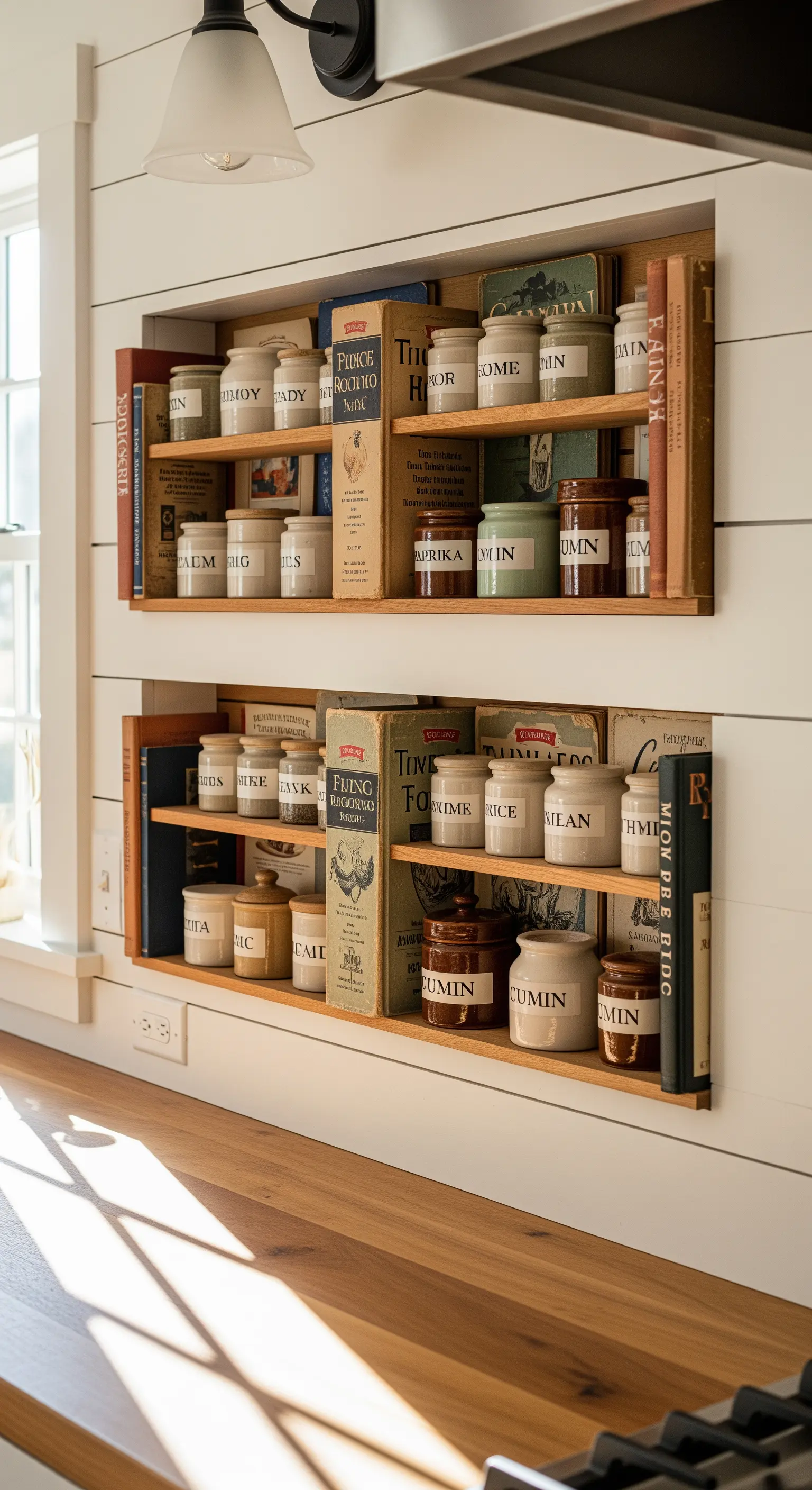 Mensole a nicchia in cucina con barattoli di spezie, delimitate da libri antichi usati come fermalibri.