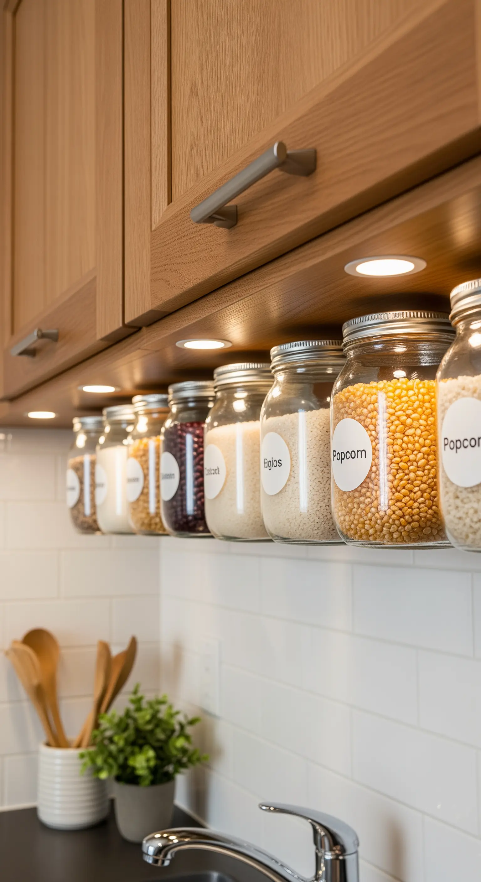 Mensola bianca sotto i pensili con una fila di barattoli di vetro illuminati.
