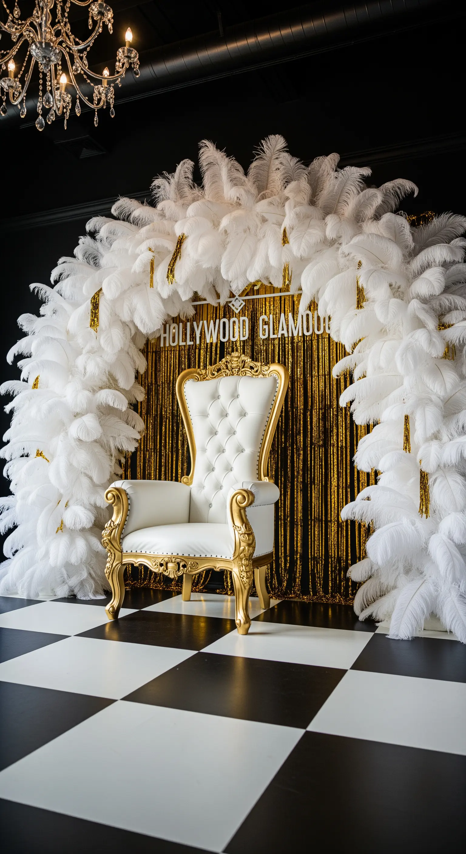 Trono bianco e oro con un arco di piume bianche e sfondo dorato.