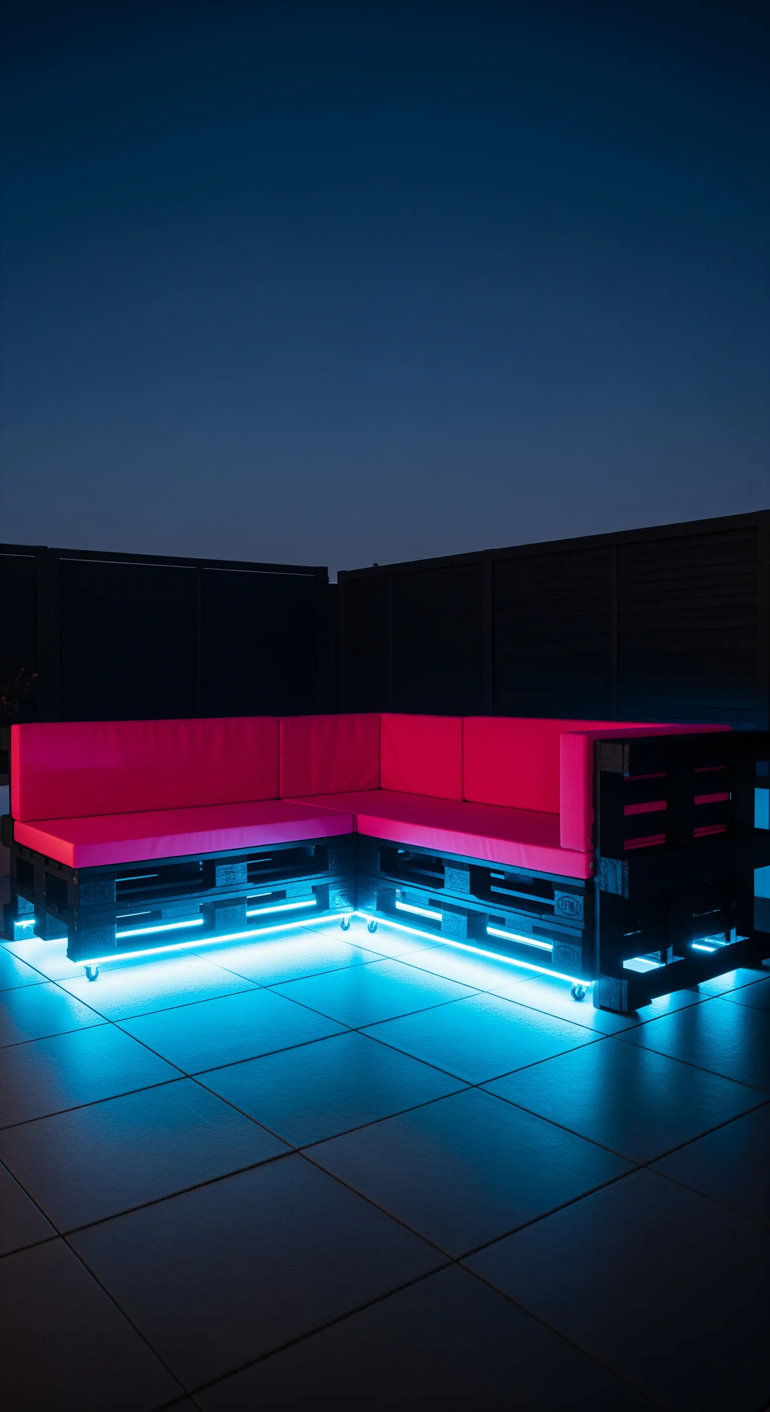 Divano angolare in pallet neri con cuscini fucsia, illuminato da una striscia LED blu sottostante
