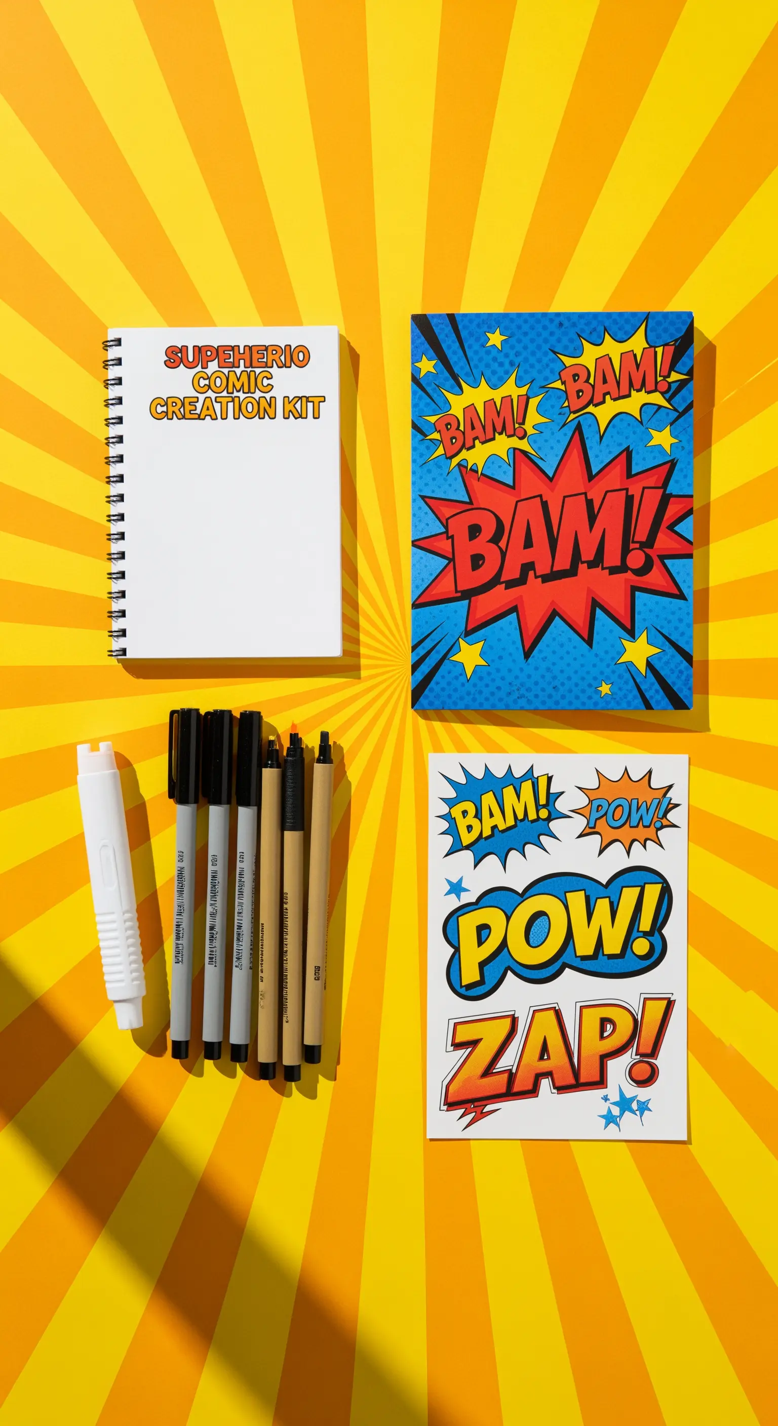 Kit per creare fumetti con quaderno bianco, pennarelli e adesivi.