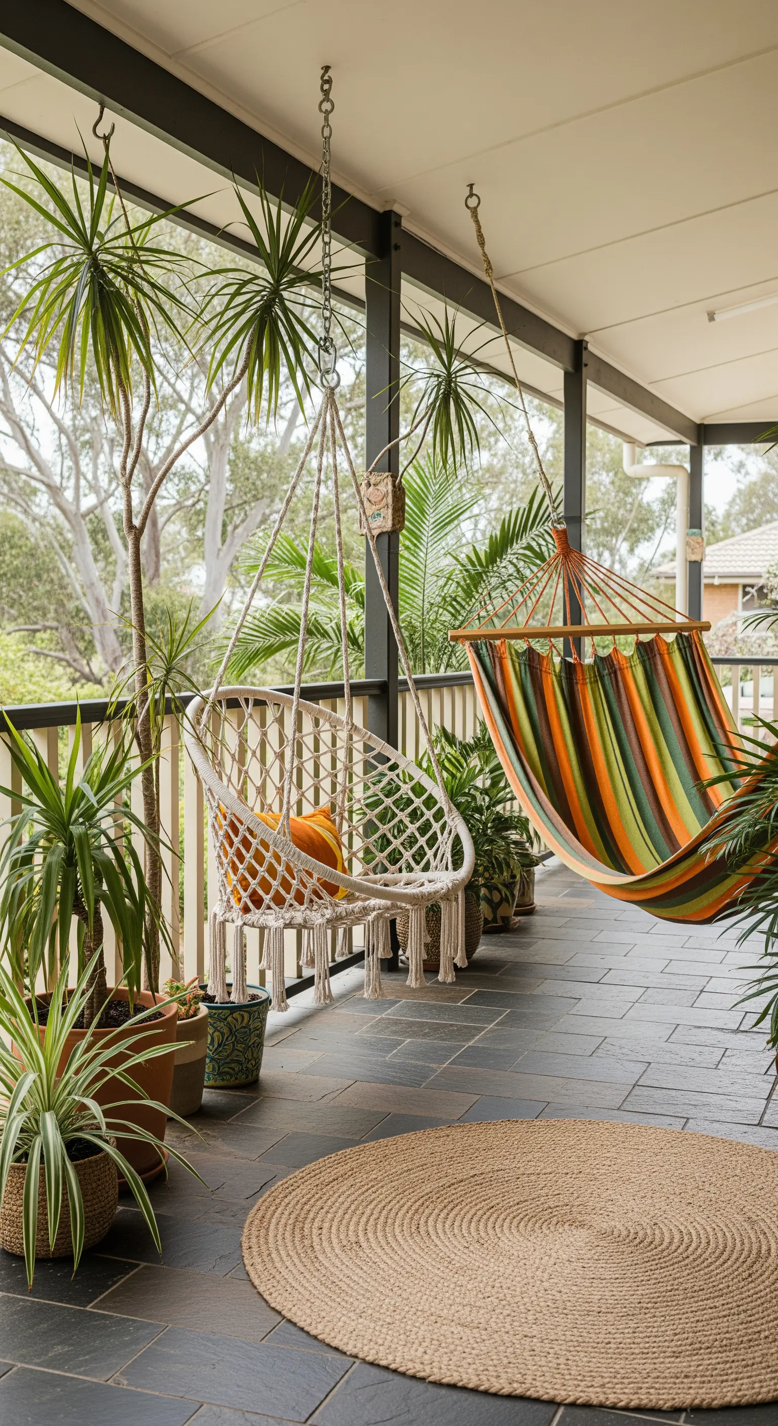Veranda con sedia sospesa in macramè e amaca a strisce colorate.